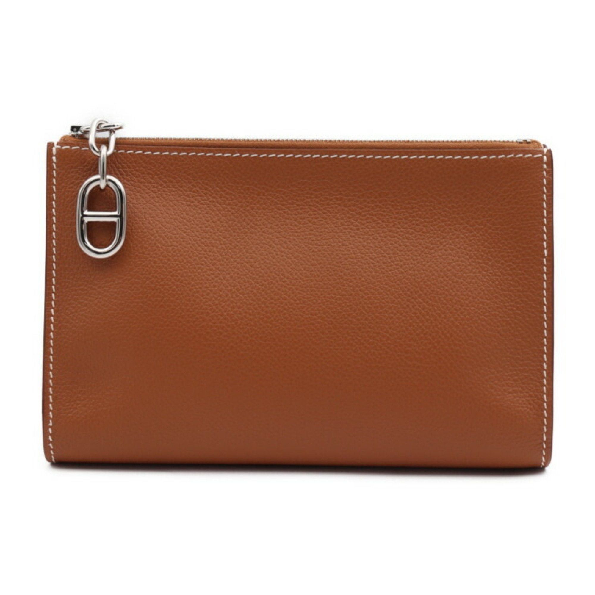 image of Hermes Zip Angor Pm Pouch Second Bag Evercolor Gold Brown Clutch Chaine D'ancle B Engraved, Women's