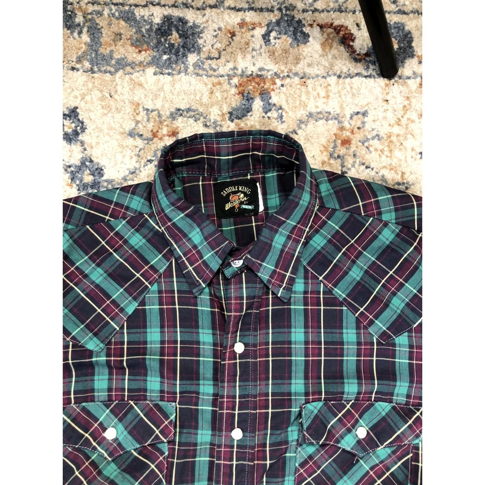 Vintage Saddle King Shirt Mens L Green Plaid Long Sleeve Western Pearl Snap Pockets Size US L / EU 52-54 / 3 - 2 Thumbnail
