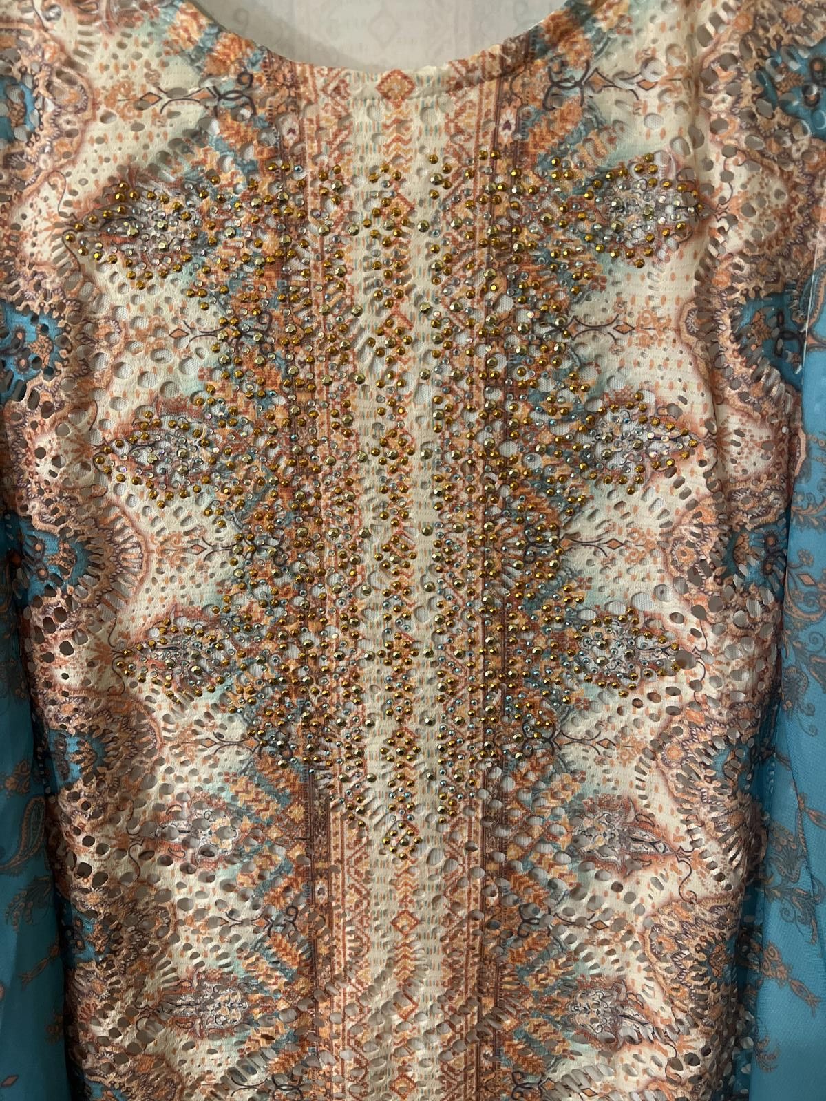 Realtree Embellished Sheer Blue and Peach Women's Blouse Size XL / US 12-14 / IT 48-50 - 3 Thumbnail