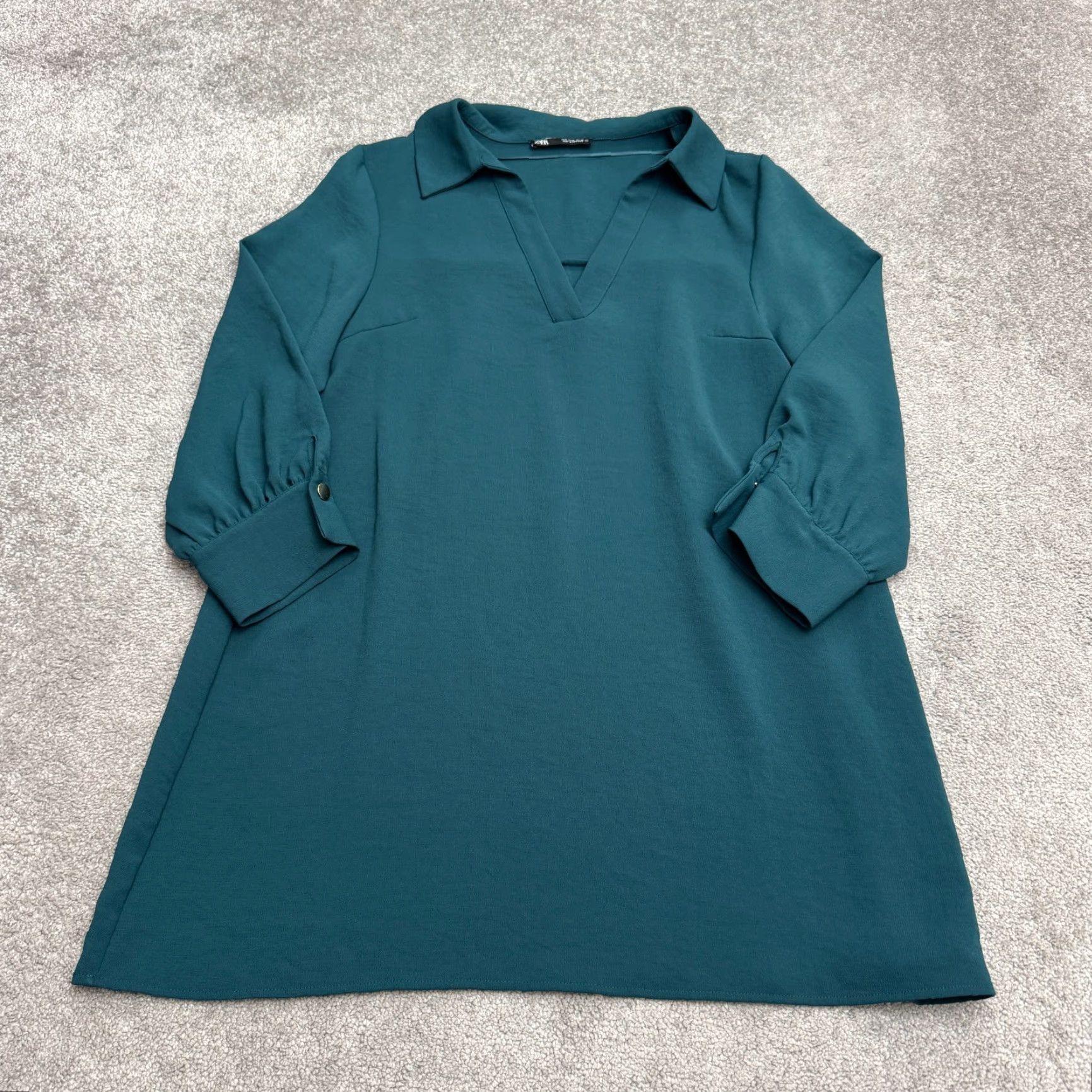 Zara Zara Collared V-Neck Midi Shift Dress Womens Large Teal Green 3/4 Sleeve Classic Size L / US 10 / IT 46 - 2 Thumbnail