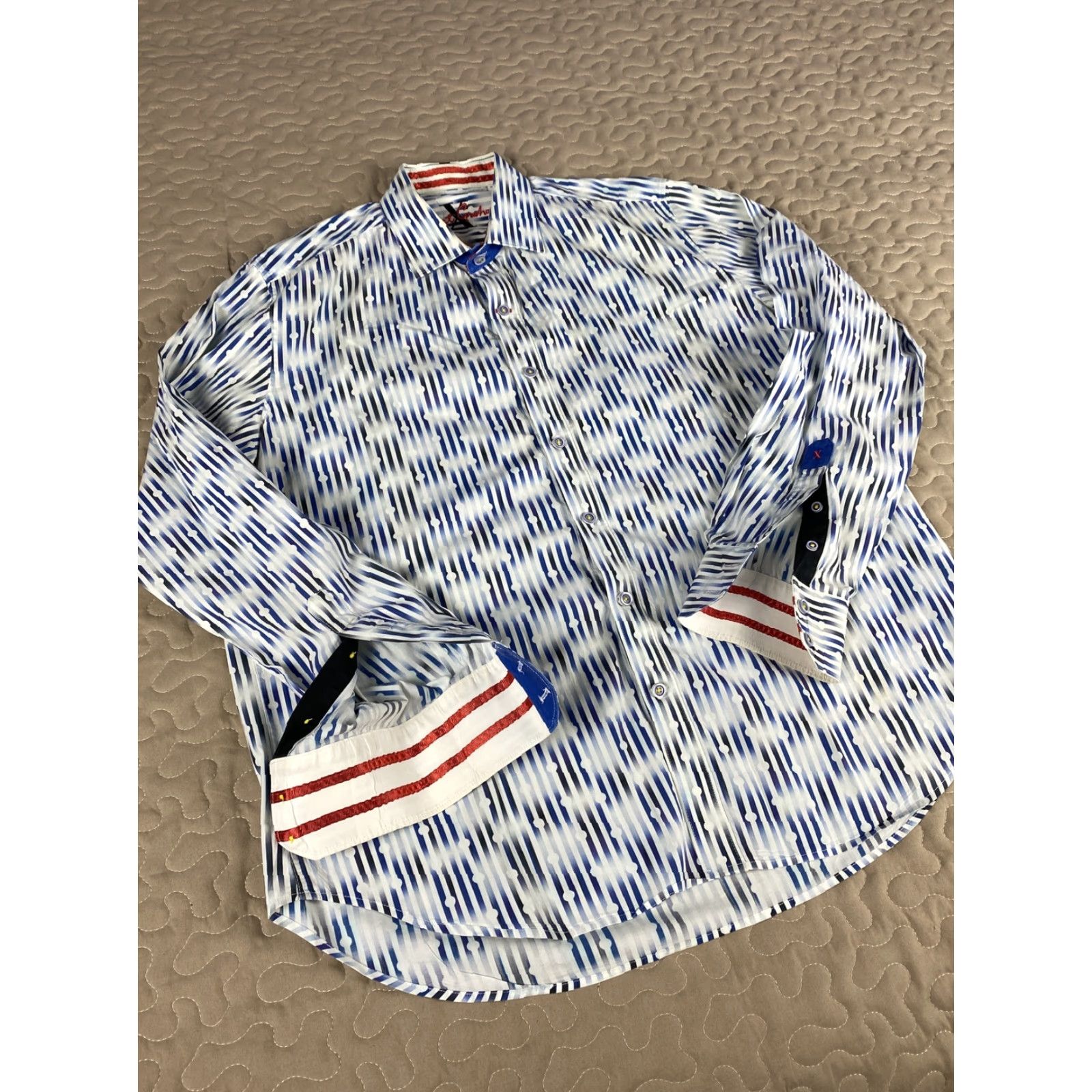 Robert Graham VINTAGE Robert Graham X Mens Dress Shirt Button Down Sz L Blue & White Stripes Circles Shirt Mens Large Blue White Striped Circles Size 42R - 2 Thumbnail