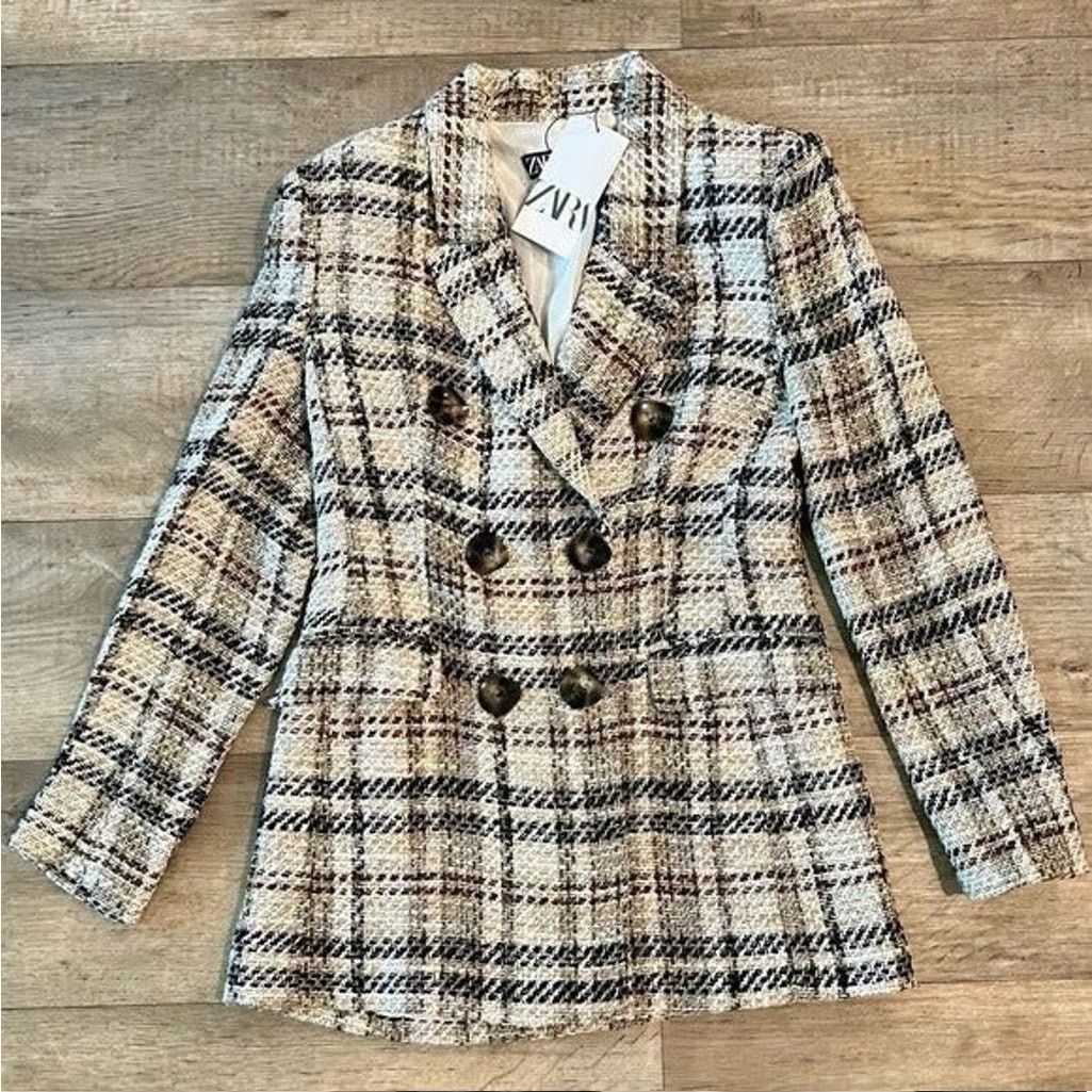 Zara ZARA Wool-Blend Double Breasted Plaid Blazer NWT Size L / US 10 / IT 46 - 21 Thumbnail