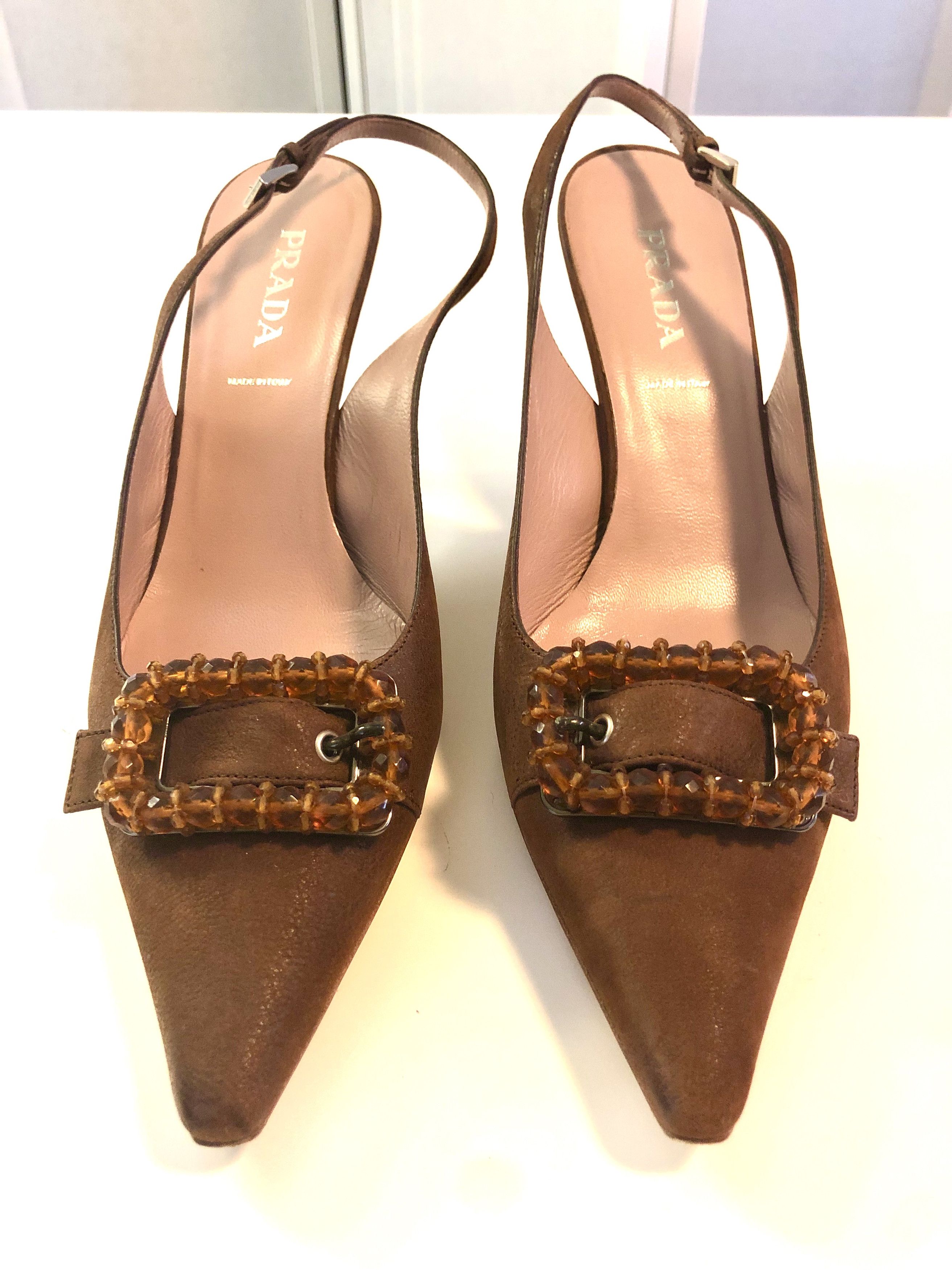image of Prada Brown Suede Sling Back Kitten Heel Shoes, Women's (Size 9.5)