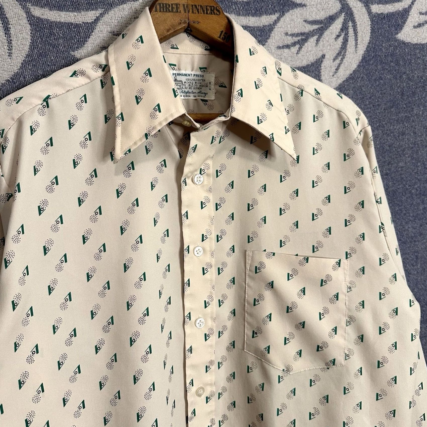 Vintage Kmart Vintage 70s Permanent-Press Shirt Beige Green Men's L Short Sleeve Mod Shirt Size US L / EU 52-54 / 3 - 2 Thumbnail