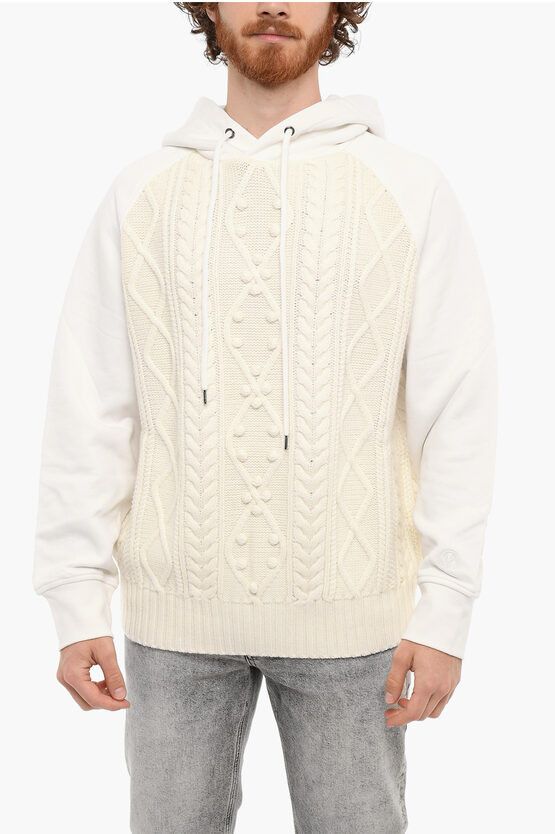 image of Neil Barrett Cable Knit Easy Fit Hybrid Hoodie in White, Men's (Size Small)