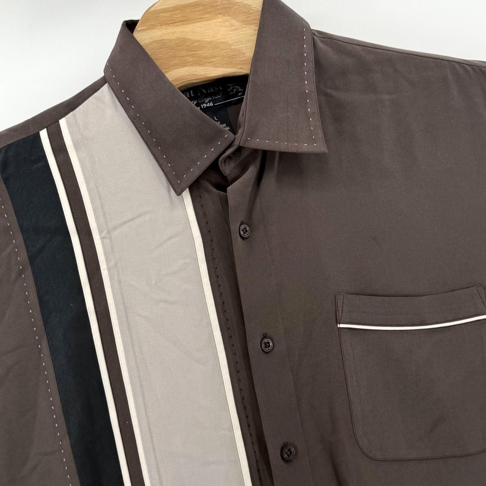 Nat Nast VINTAGE Nat Nast Shirt Mens Large Brown Striped Long Sleeve Silk Viscose Button Up Size US L / EU 52-54 / 3 - 2 Thumbnail