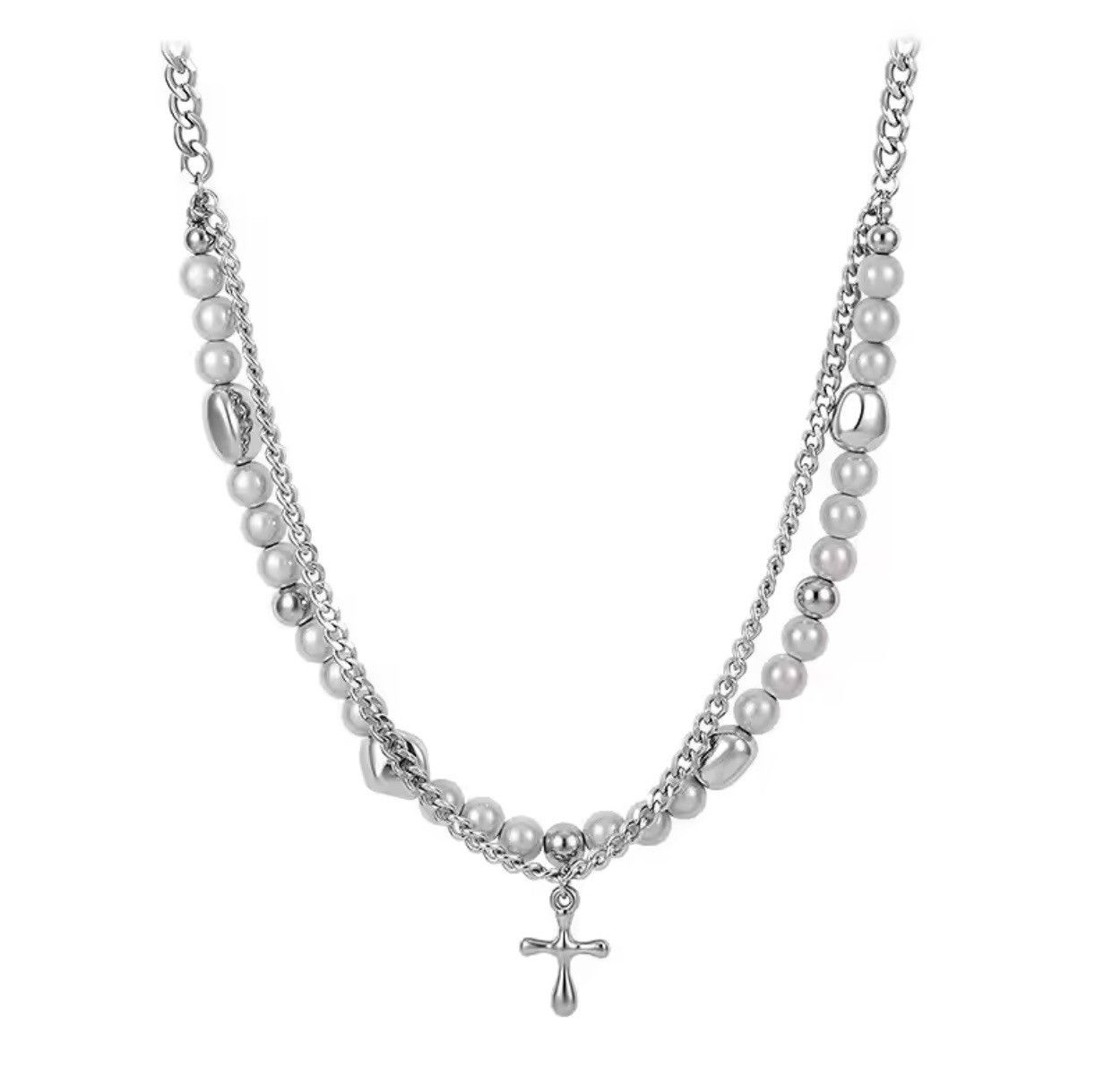 Jewelry × Vintage Hip Hop Double Layered Pearl Cross Necklace Size ONE SIZE - 6 Thumbnail