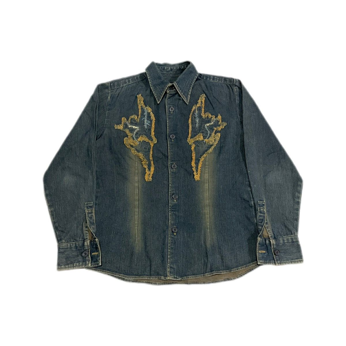 If Six Was Nine × Japanese Brand × Tornado Mart 🔥Y2K Archived Tornado Mart Tribal Denim Shirt Mud Wash Fray Size US L / EU 52-54 / 3 - 3 Thumbnail