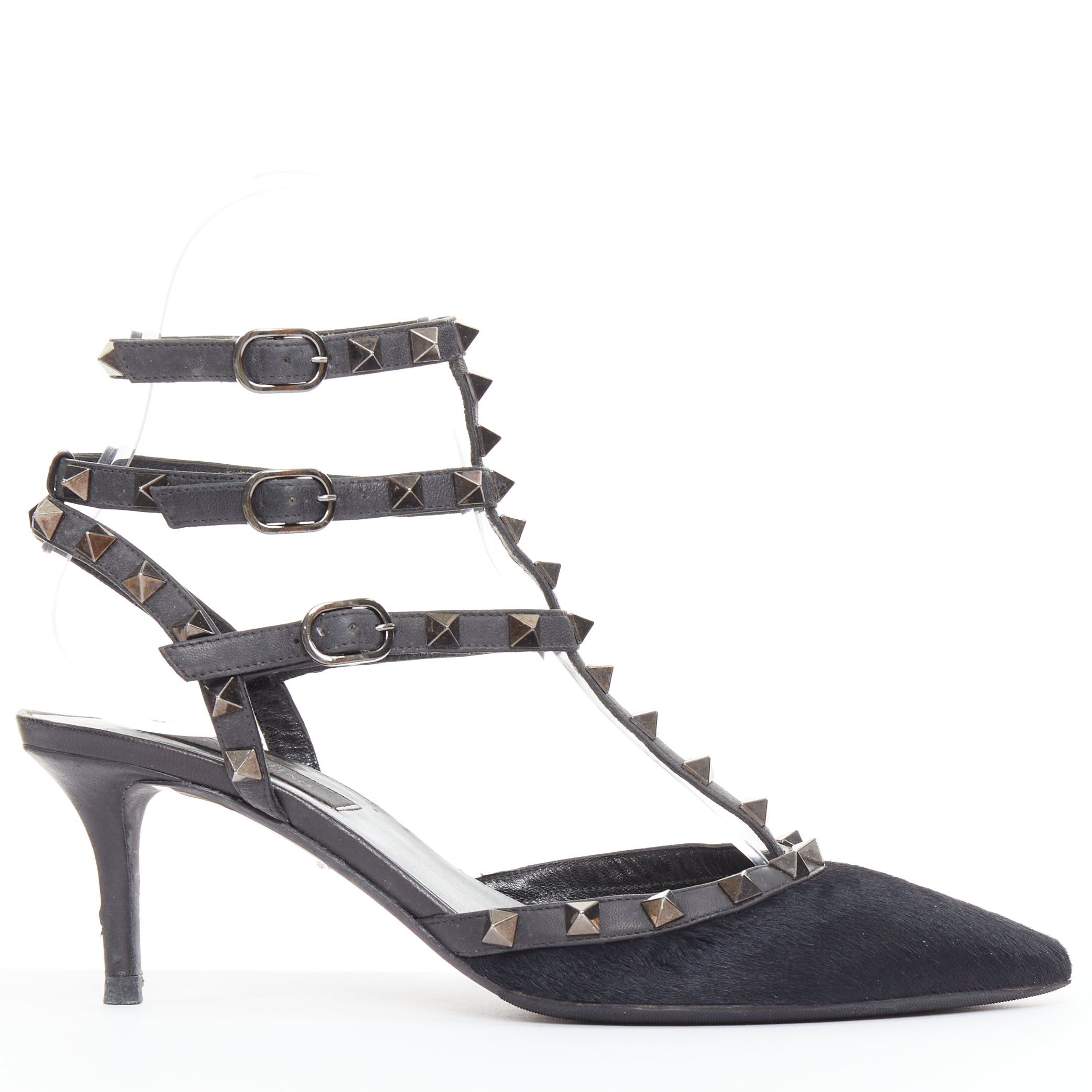 Valentino VALENTINO Rockstud Noir black horsehair silver studs pointy cage sandals EU37.5 Size US 7.5 / IT 37.5 - 1 Thumbnail