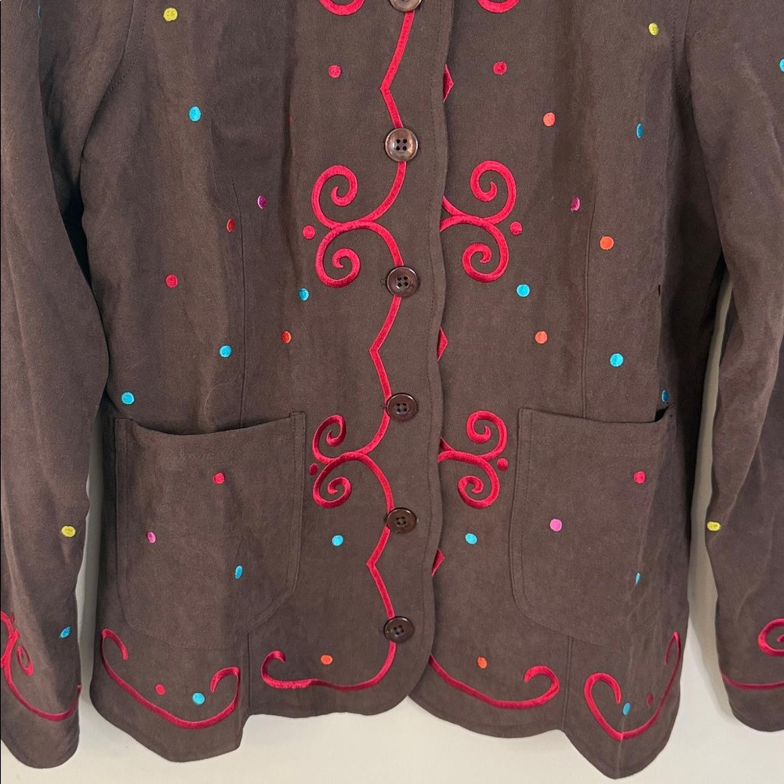 Other Susan Graver Chocolate Brown & red blazer scallop trim SZ SM Size S / US 4 / IT 40 - 4 Thumbnail