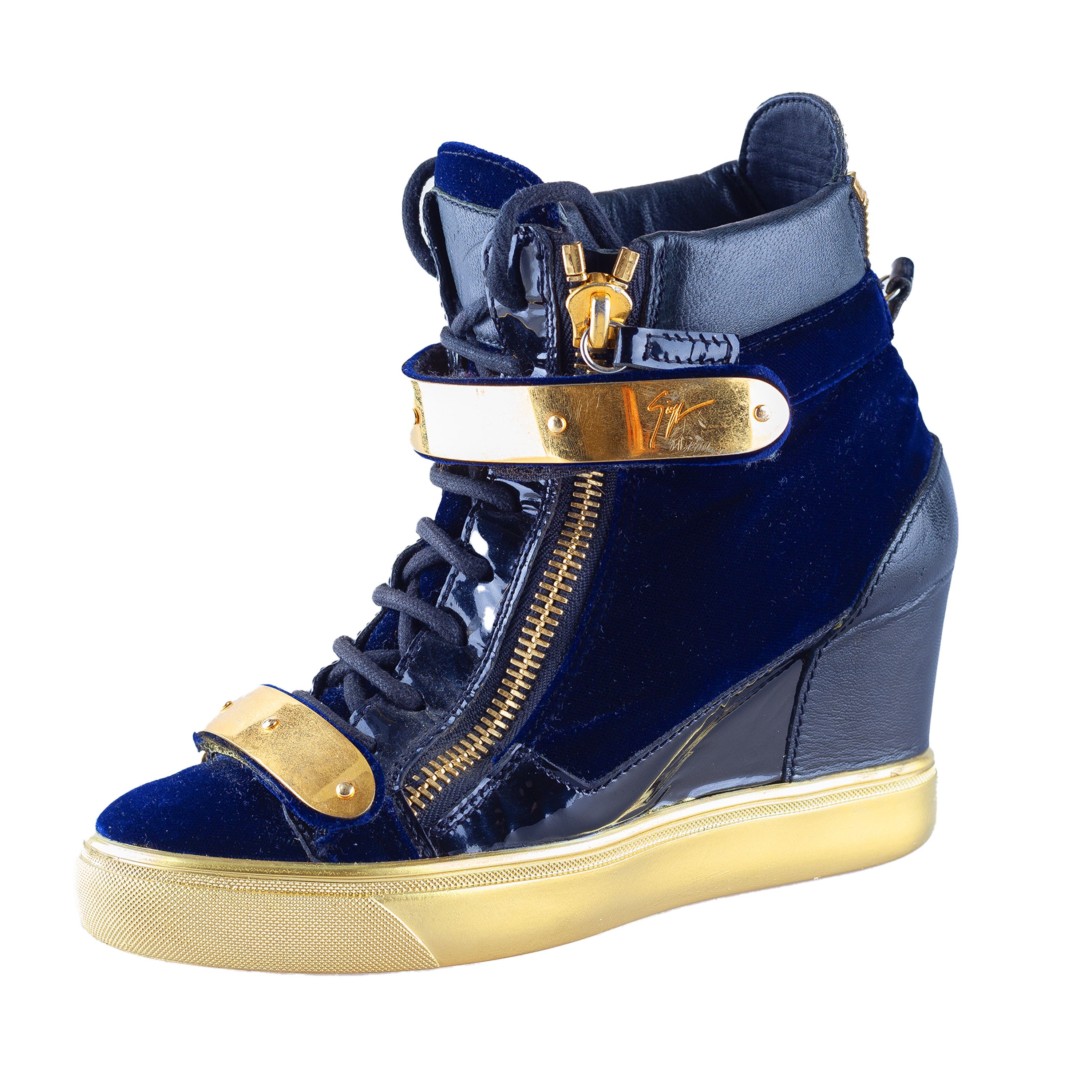 Giuseppe Zanotti Giuseppe Zanotti Navy Golden Velour Wedge Sneakers Size US 6.5 / IT 36.5 - 3 Thumbnail