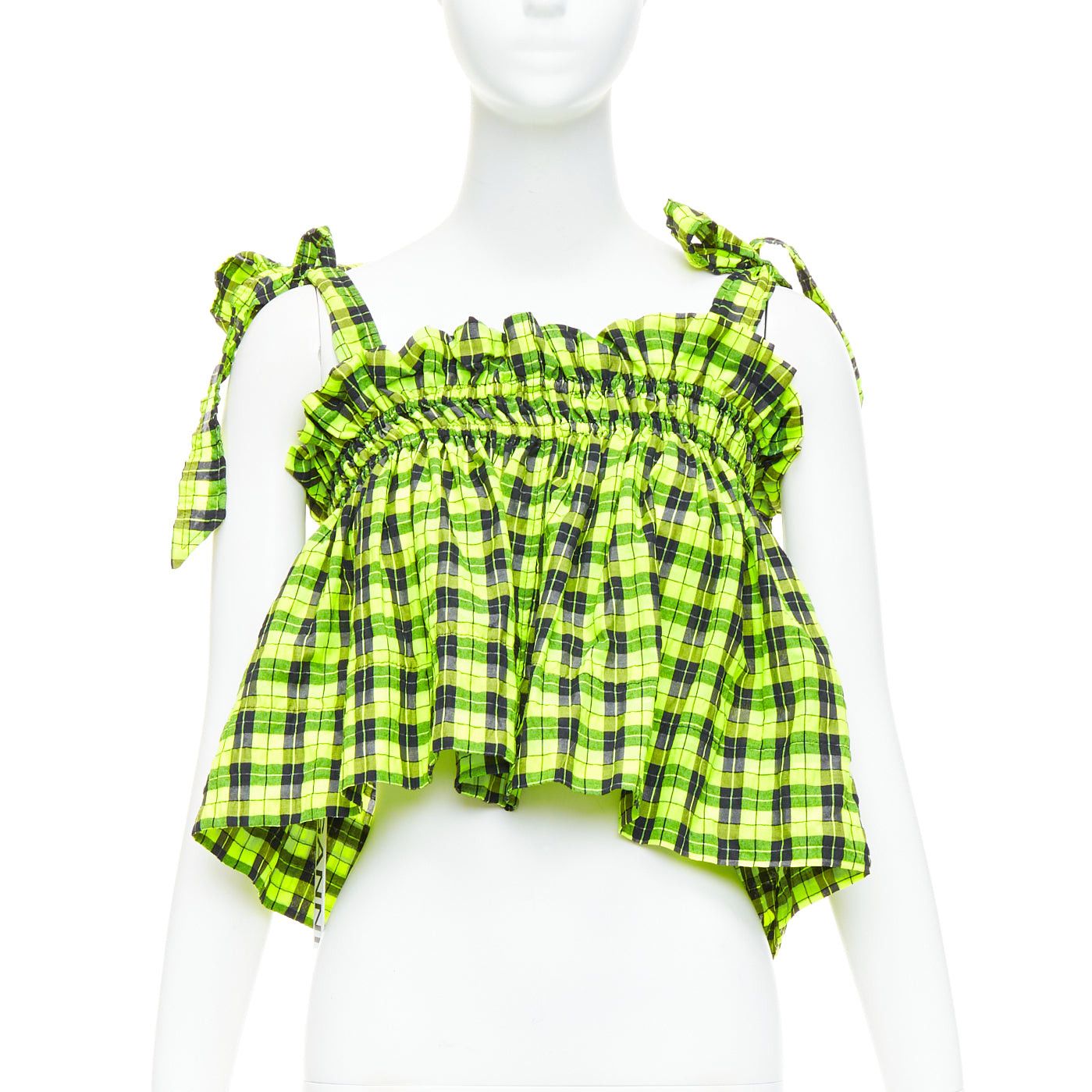Ganni GANNI Checked Seersucker neon green ruffle tie shoulder crop top FR36 S Size S / US 4 / IT 40 - 1 Thumbnail
