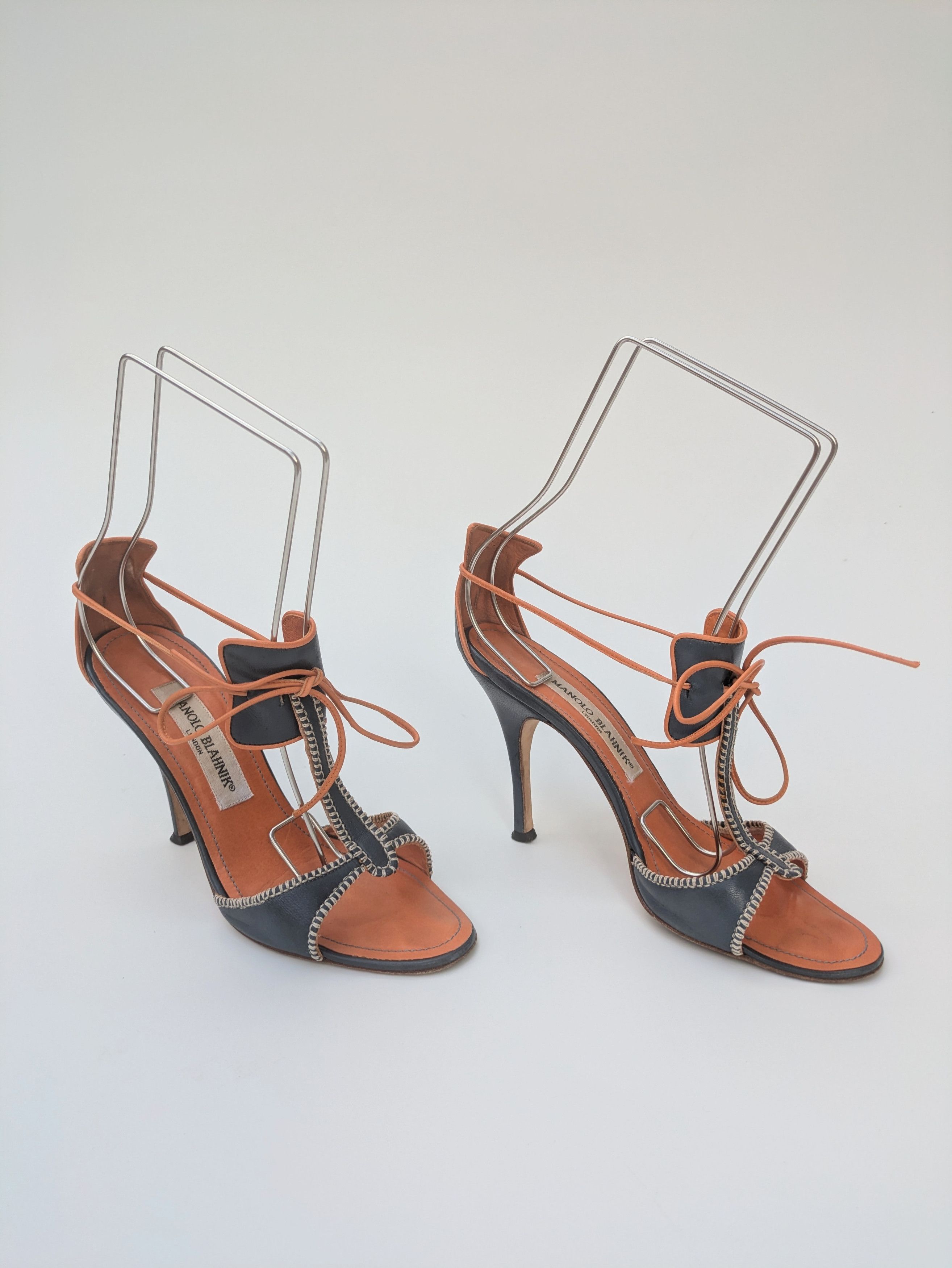 Manolo Blahnik Vintage Manolo Blahnik blue tan t-bar heels early 2000s Size US 6.5 / IT 36.5 - 1 Thumbnail