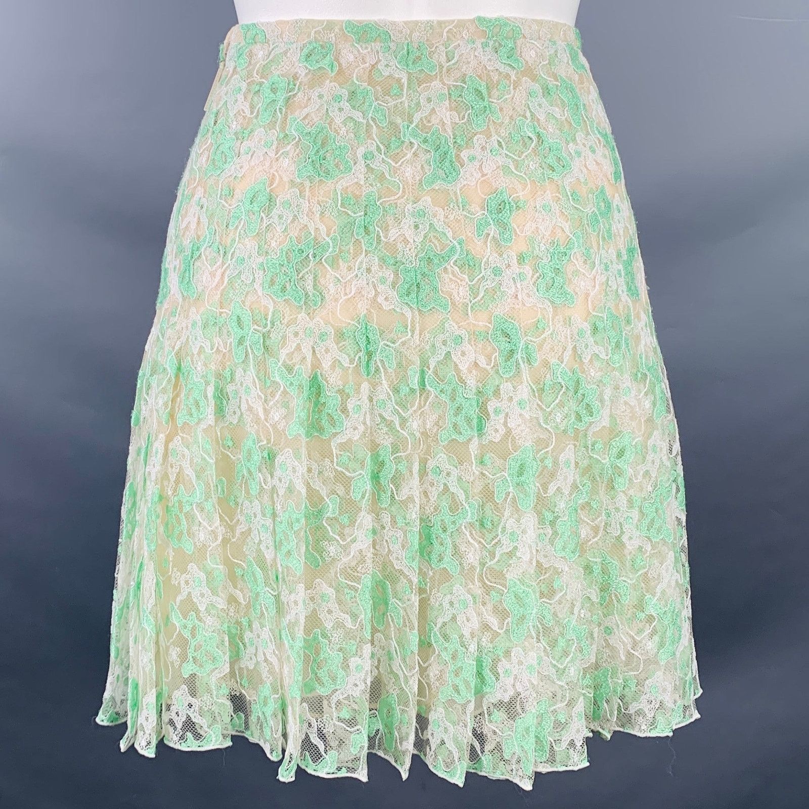 Christopher Kane CHRISTOPHER KANE 6 Green Cream Silk Pleated Above Knee Skirt Size 28" / US 6 / IT 42 - 3 Thumbnail