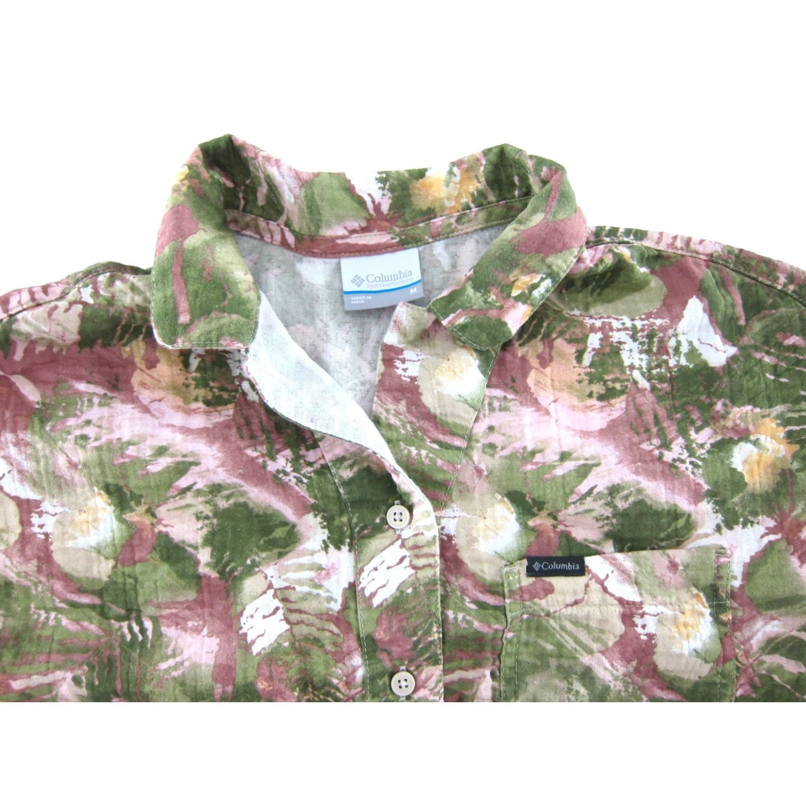 Pinko Columbia Button-Up Short Sleeve Blouse M - 100% Cotton Floral Pink Yellow Green, Womens, 100% Cotton Olors, Classic Fit, Collared Shirt Size M / US 6-8 / IT 42-44 - 4 Thumbnail