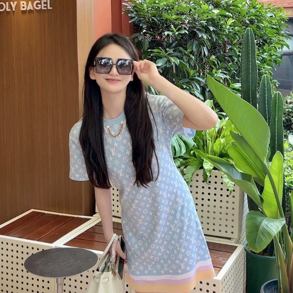 Louis Vuitton LOUIS VUITTON 99 New Blue Crewneck Print Mid-L SS Dress S Size S / US 4 / IT 40 - 8 Thumbnail