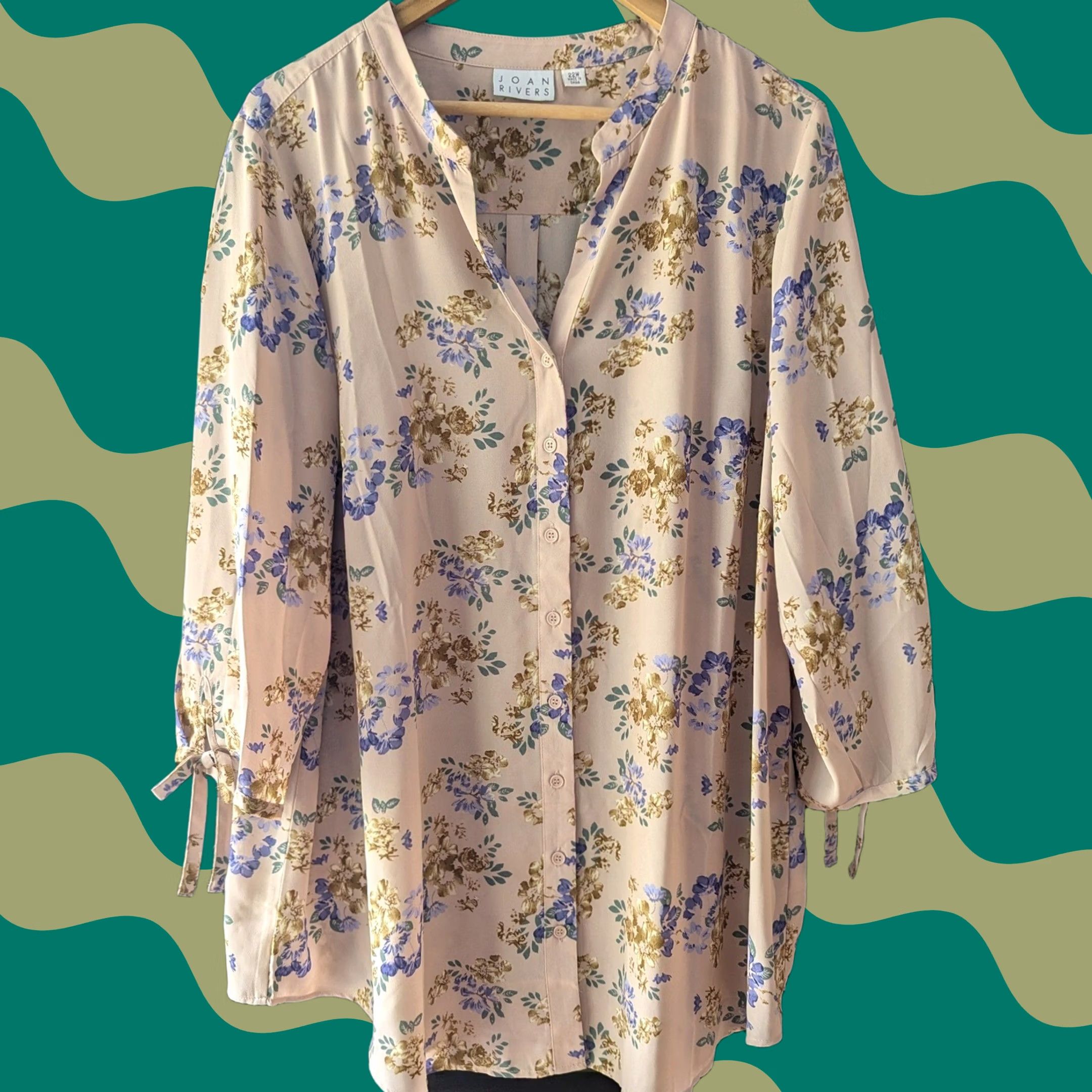 Vintage Joan Rivers Floral 3/4 Tie Sleeve Button Front Tunic Blush Pink Lavender Sz 22W Size 3XL / US 20-22 - 1 Thumbnail
