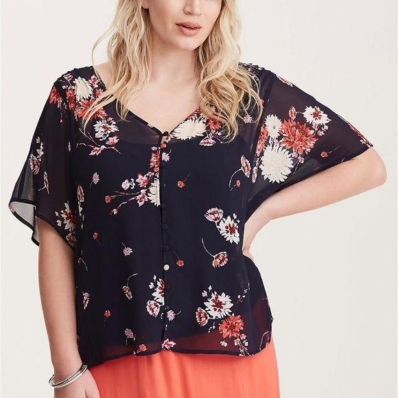 Torrid Torrid 0 Blue Floral Sheer Top V Neck 12 L Dainty Flowers Bu Size L / US 10 / IT 46 - 1 Thumbnail