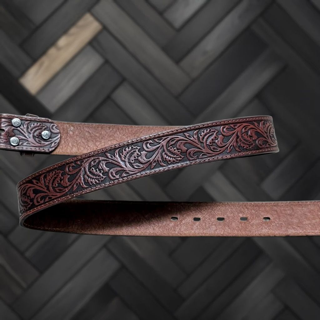 Ariat VINTAGE Ariat belt Tooled leather Western belt 34 Brown Mens 1-1/2" width Southwestern Cowboy Buckle belt 39.5" total length 31.5-35.5 belt holes Size 34 - 1 Thumbnail
