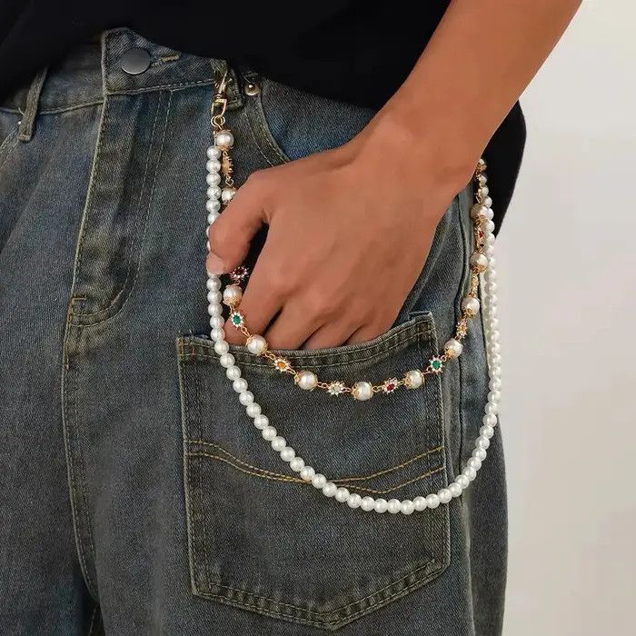 Jewelry Imitation Pearl Rhinestone Flower Jeans Chain Waist Chain Size ONE SIZE - 1 Thumbnail