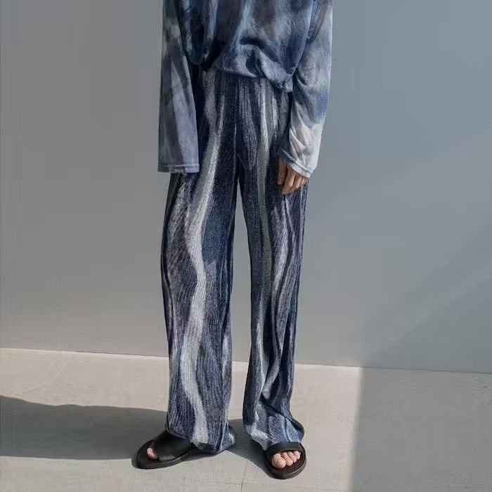 image of Vintage Painted Striped Pants, Unisex Japanese Fashion in Blue, Men's (Size 28)