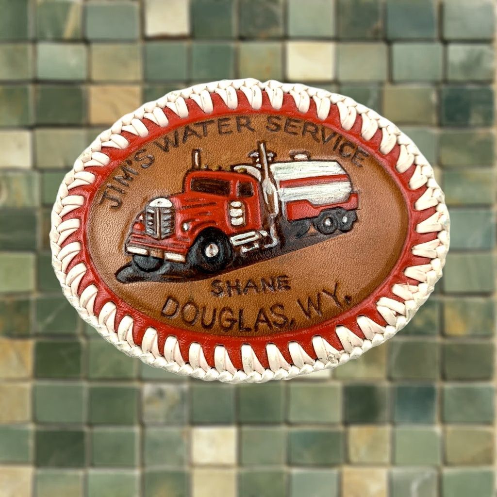 Vintage VINTAGE Leather Belt Buckle Shane Douglas Jim's Water Service Wyoming Brown Unbranded 1980s Occupational Adult Unisex Mens Womens Boys Girls Size ONE SIZE - 1 Thumbnail