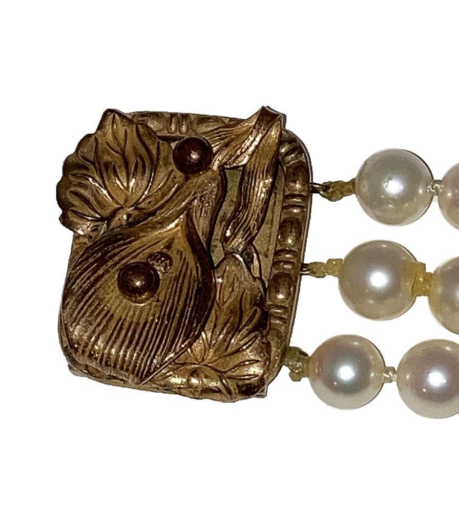 Designer Art Nouveau Brass Floral Cultured Pearl Bracelet Size ONE SIZE - 1 Thumbnail