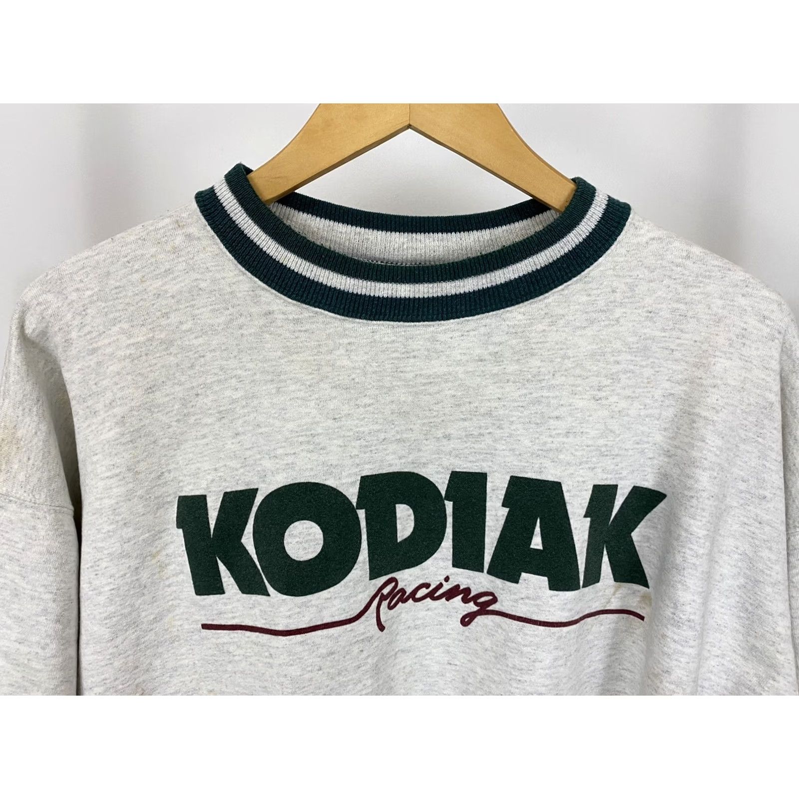 Vintage RARE VTG Kodiak Racing Nascar Striped Trim Ringer Sweatshirt Size L | Ultraclub Hoodie Pullover Mens Heather Gray Green Striped Racing Size US L / EU 52-54 / 3 - 3 Thumbnail
