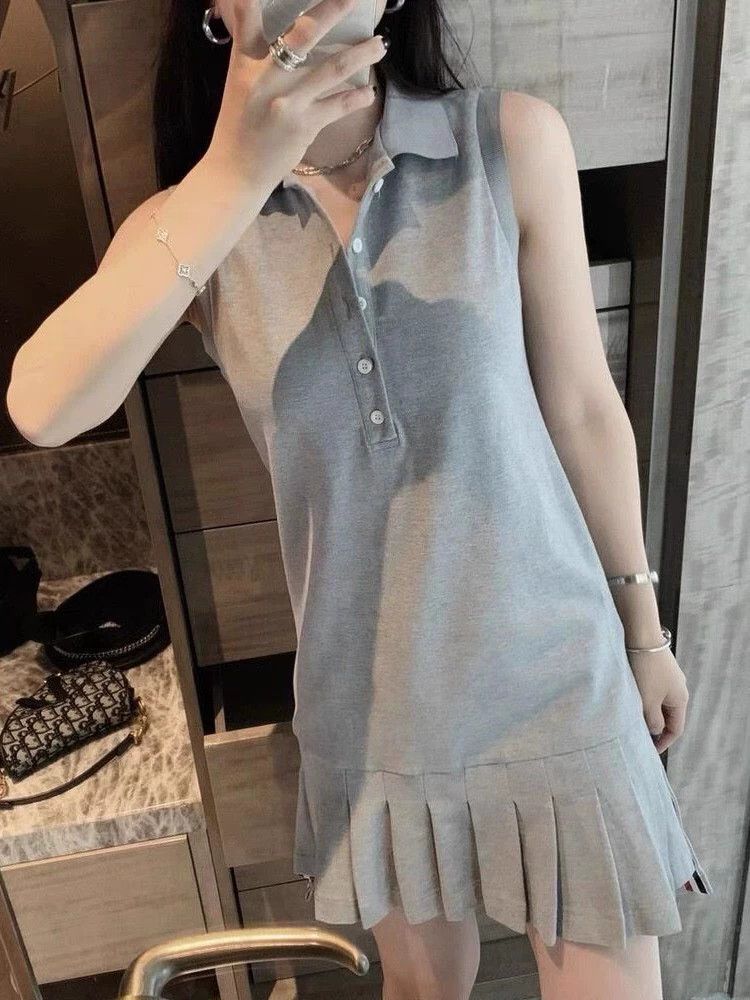 Thom Browne Stripe sleeveless pleated tennis dress
