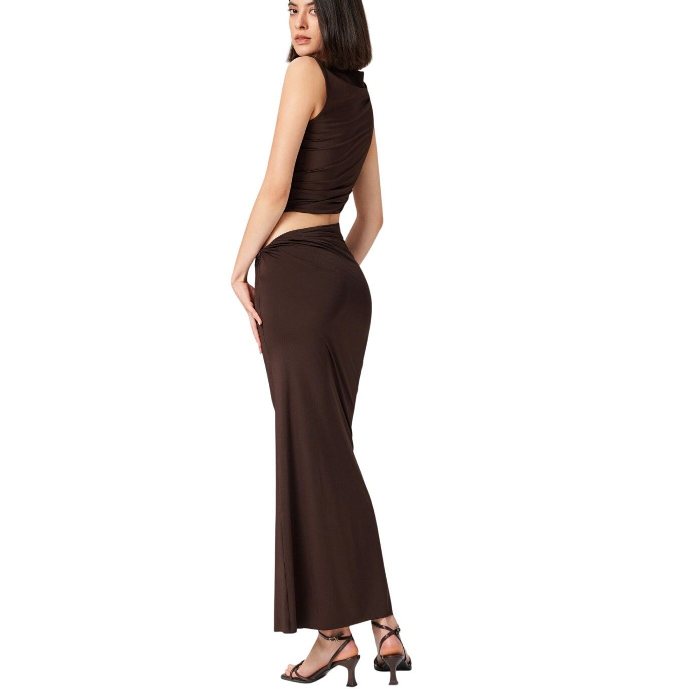 Other Commense Brown Knotted Ruched Crop Tank Top Maxi Skirt Set Size 30" / US 8 / IT 44 - 7 Thumbnail