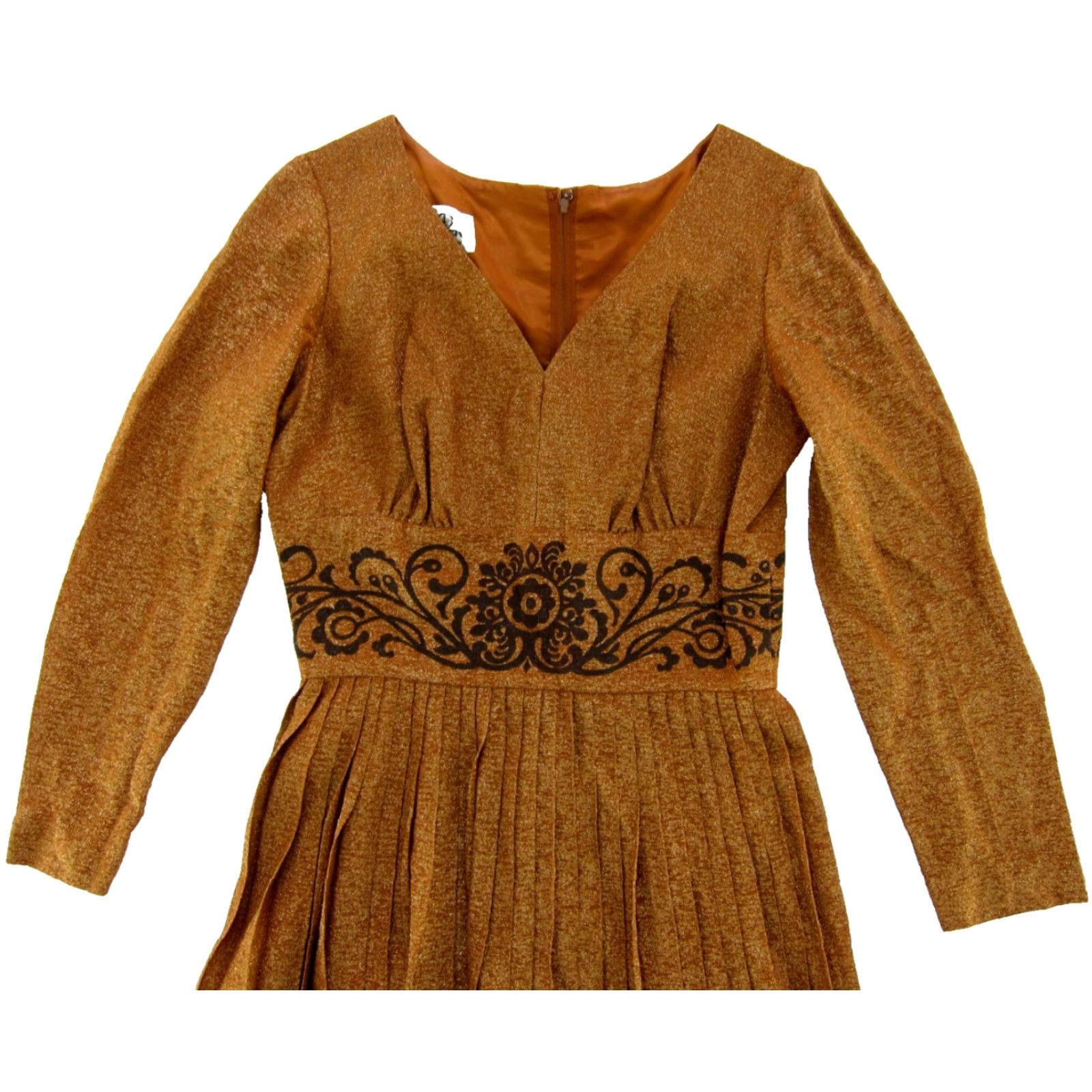 Vintage VTG Alfred Shaheen Gown Dress Long Sleeve Bronze Metallic Gold Pleated Vintage 1960's 10 Women Dress Size L / US 10 / IT 46 - 4 Thumbnail