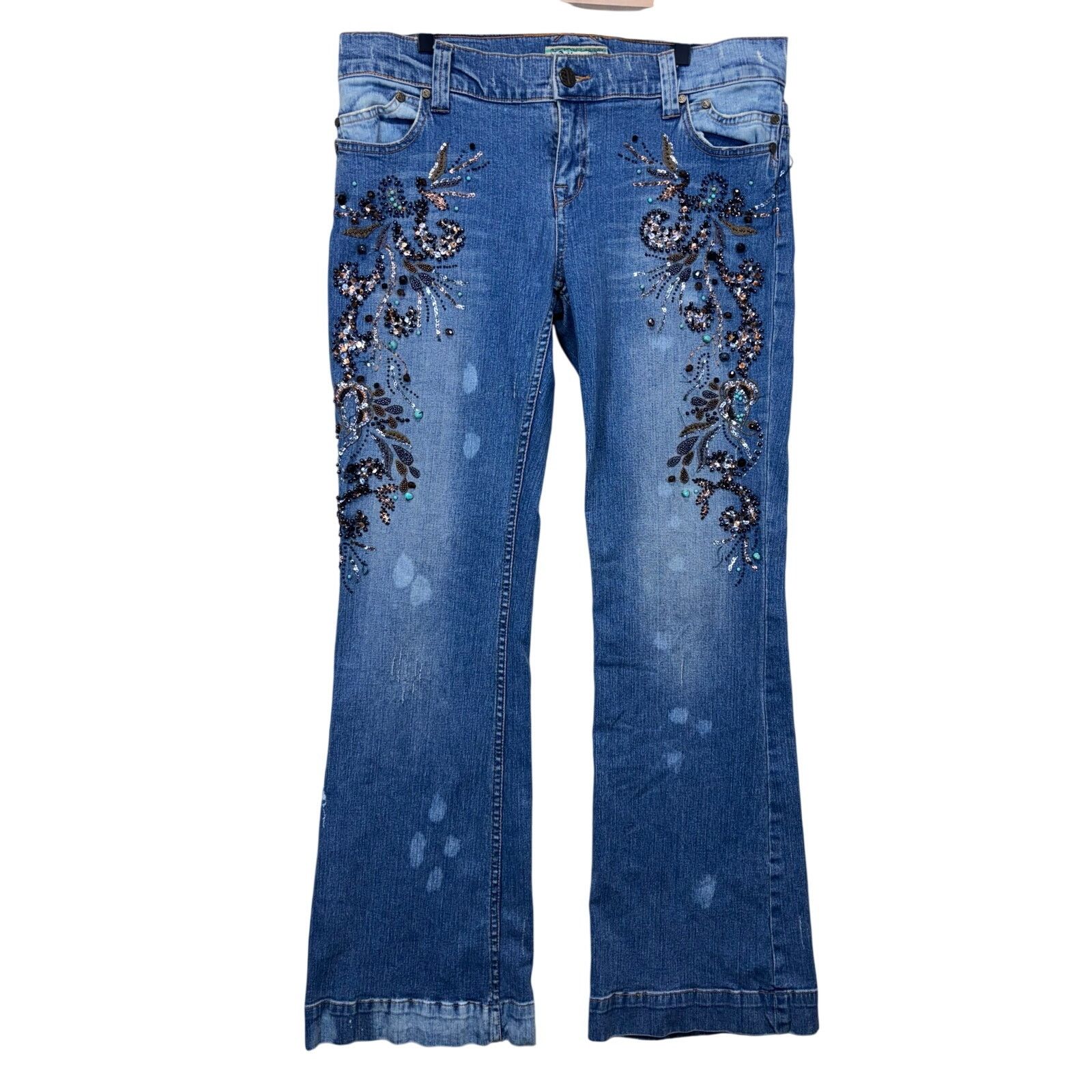 The Unbranded Brand Allen B Embellished Bootcut Jeans Blue Beaded Flare W32 Size 32" / US 10 / IT 46 - 1 Thumbnail