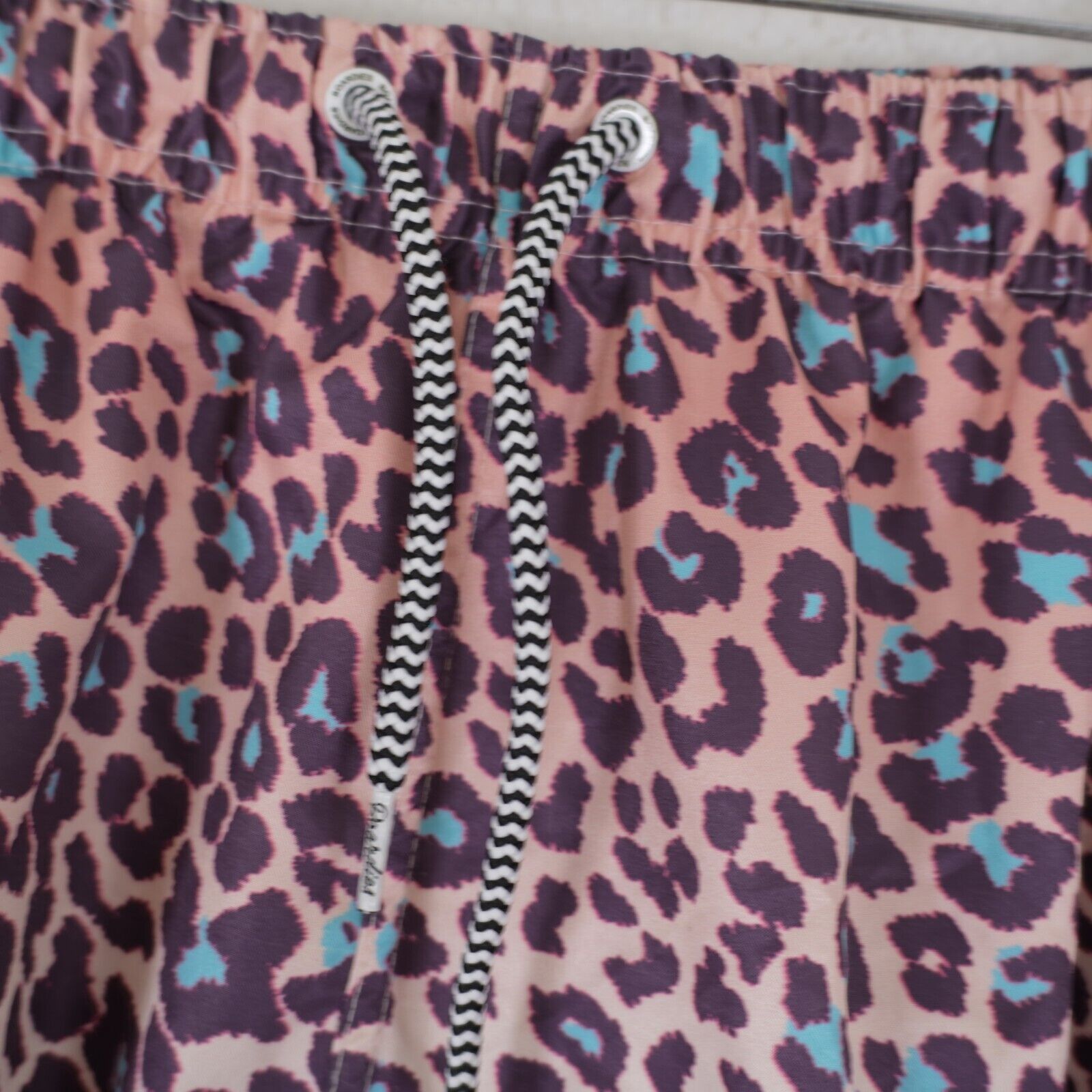 Designer Boardies Cheatah Print Pink Teal Drawstring Swim Trunks XL L Size US 31 - 2 Thumbnail