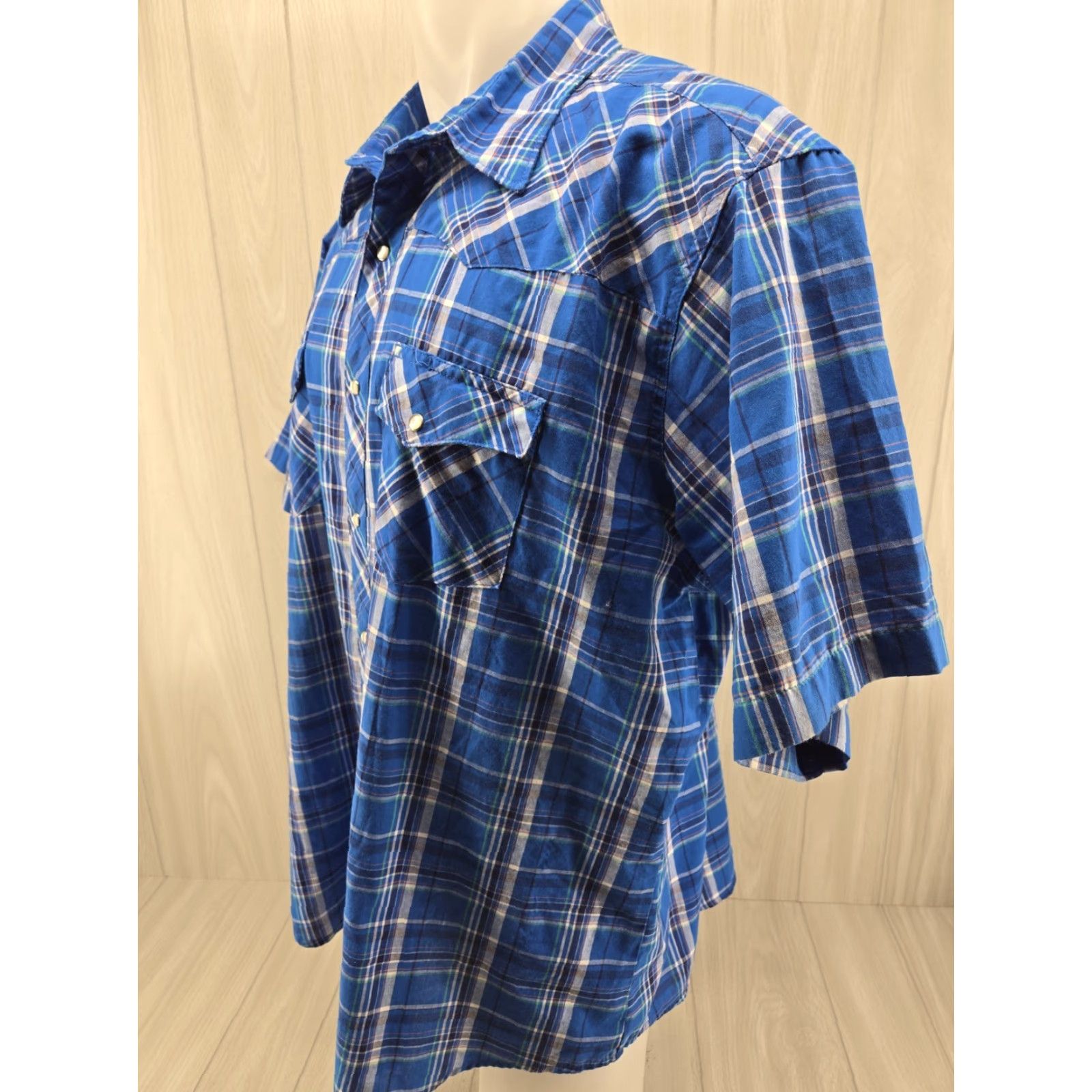 Wrangler VINTAGE Wrangler Wrancher Plaid Western Pearl Snap Short Sleeve Shirt XXL Blue Mens Size US XXL / EU 58 / 5 - 3 Thumbnail