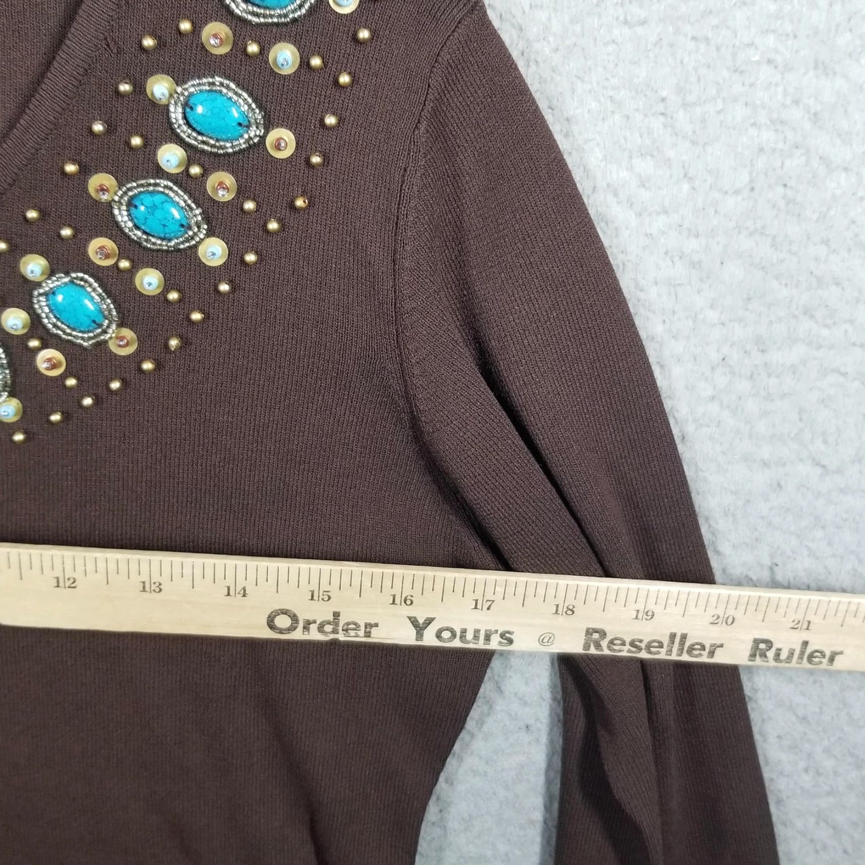 Vintage VINTAGE Joseph A. Petite Sweater Women’s M 3/4 Sleeve Brown Turquoise Jewel Studded Embellished Knit Pullover Ladies Meters? Size M / US 6-8 / IT 42-44 - 7 Thumbnail