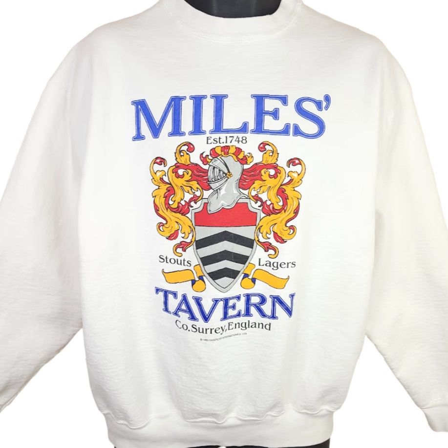 Fruit Of The Loom VINTAGE Miles Tavern Sweatshirt Mens Size Large 90s Surrey England Pub Made In USA Fruit of the Loom Crew Neck Cotton Blend White Sweatshirt Mens Size US L / EU 52-54 / 3 - 2 Thumbnail