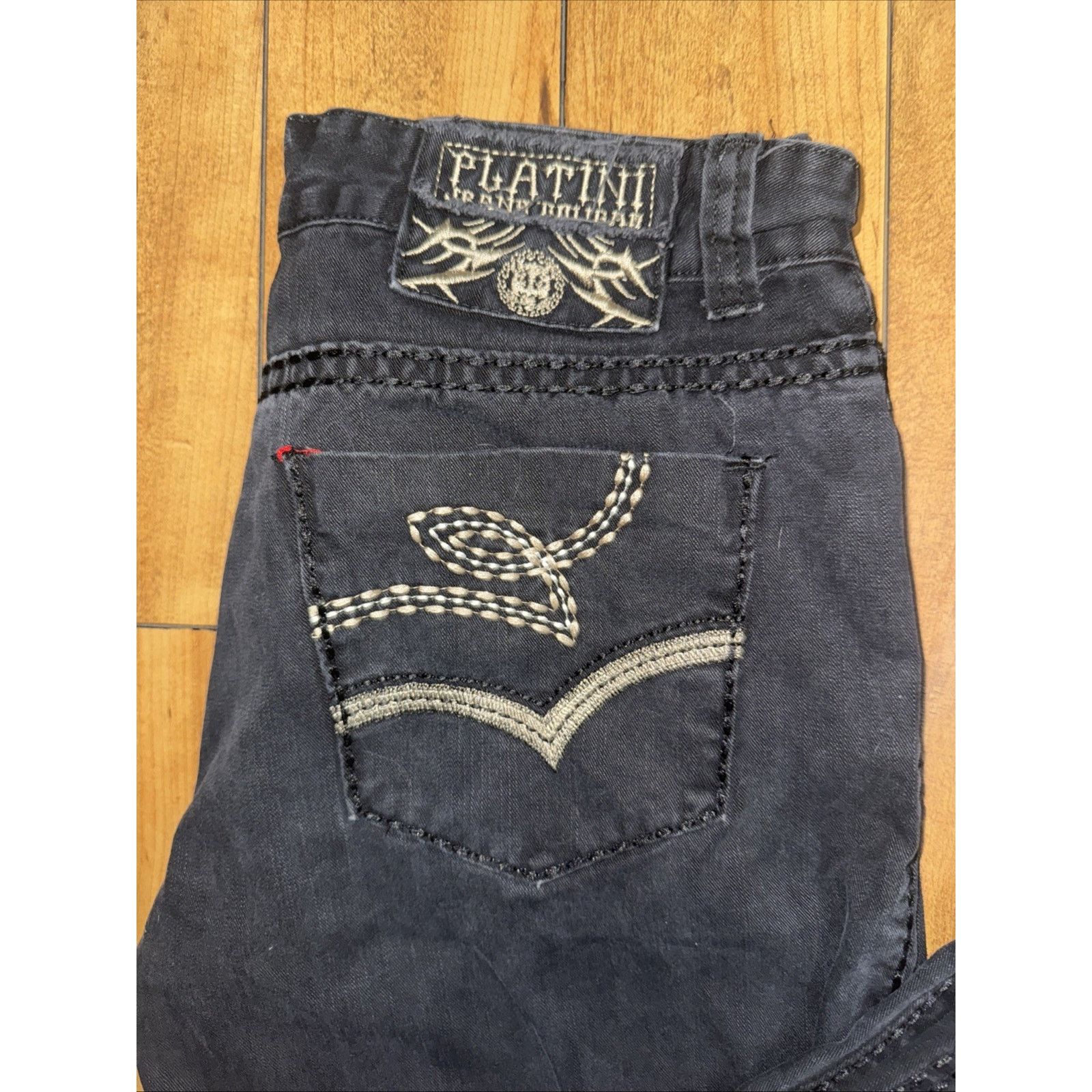 Vintage Platini Jeans Cougar Embroidered Pants Black Missing Button Size US 33 - 2 Thumbnail