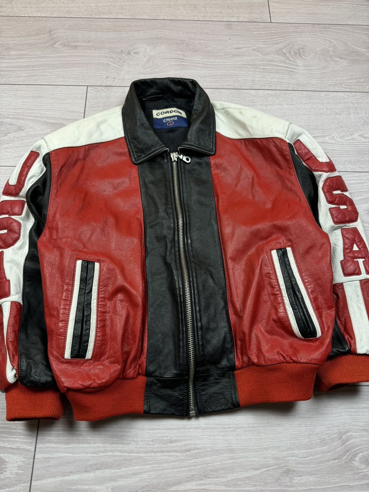 Vintage Cordon Gear USA Flag Big Logo Vintage Leather Jacket Size US S / EU 44-46 / 1 - 4 Thumbnail