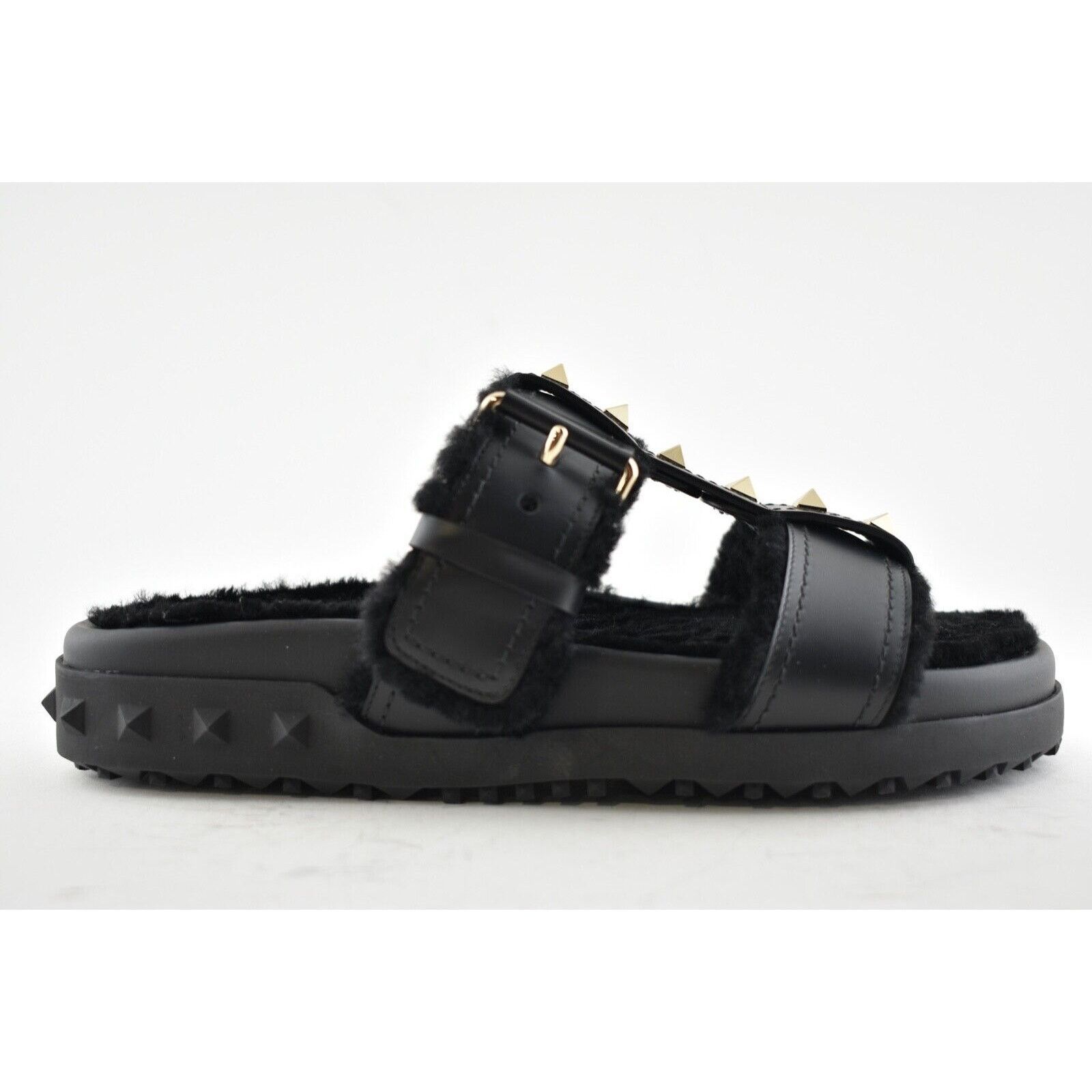 Valentino Valentino Rockstud Black Shearling Fur Caged Mule Slip On Size US 6 / IT 36 - 2 Thumbnail
