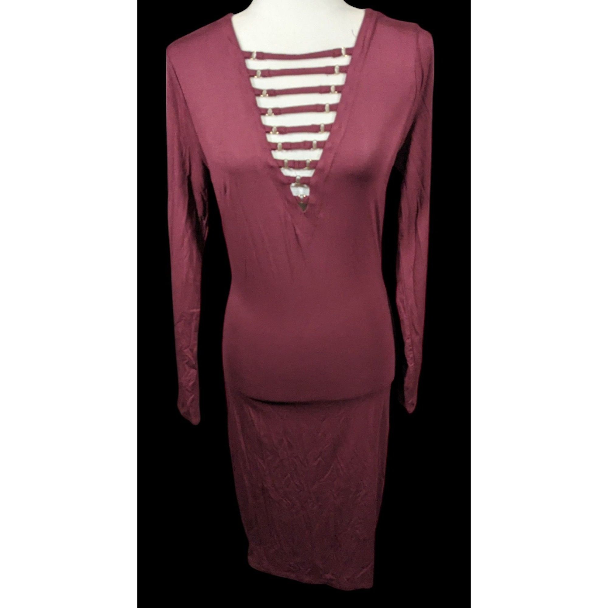 Bebe Bebe Burgundy Plunge Neck Long Sleeve Midi Dress Size Medium Size M / US 6-8 / IT 42-44 - 1 Thumbnail