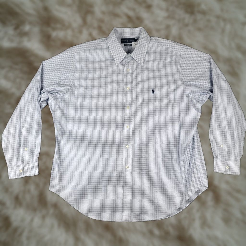 Ralph Lauren VINTAGE Ralph Lauren Shirt Dress Shirt Mens Size 18 Blue Check Pony Button-Down Long Sleeve Regular Non-Iron Pockets 90s/Classic Mens Size 48R - 1 Thumbnail