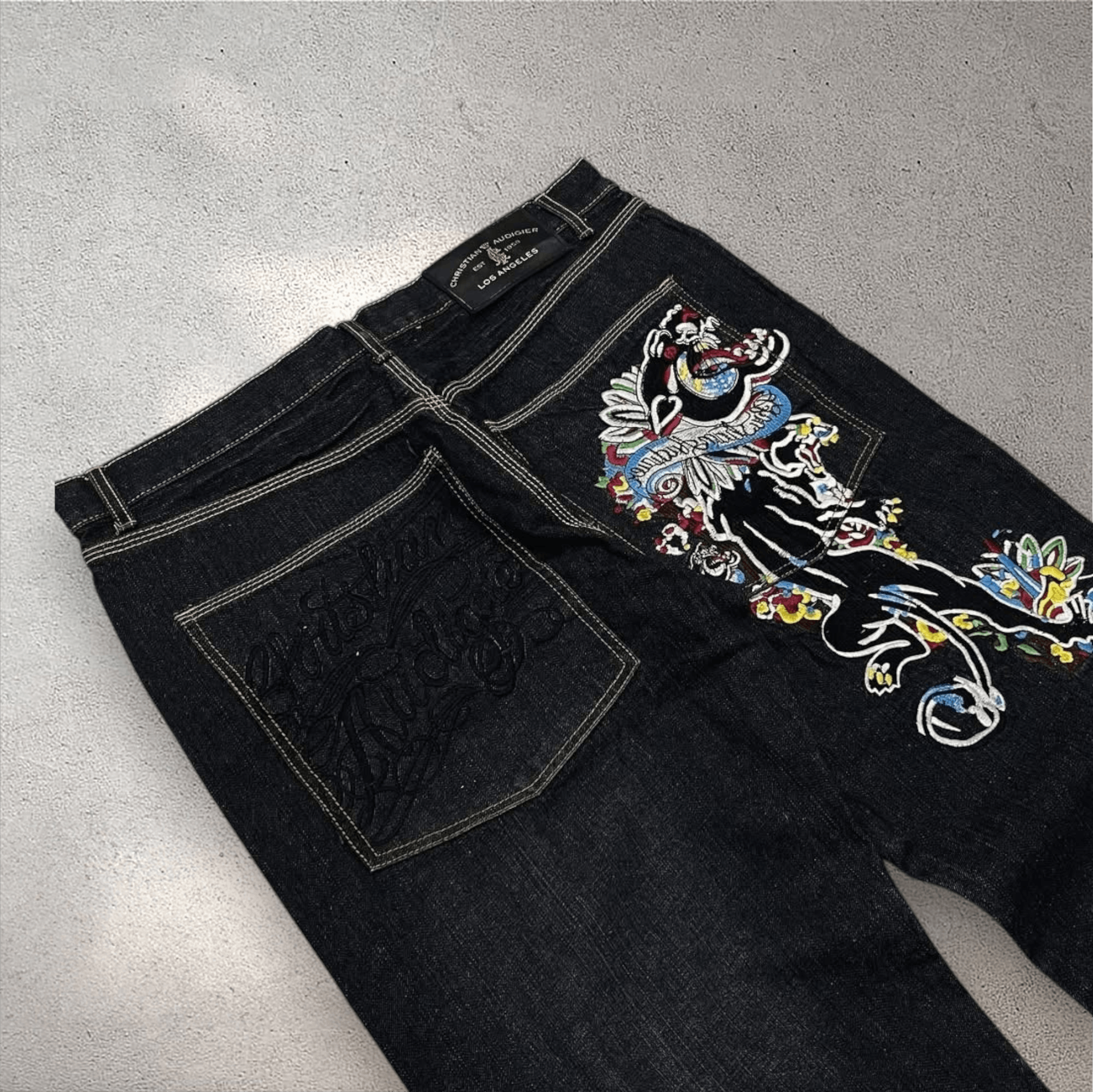 Ed Hardy VTG Christian Audigeri Tiger 🐅 Embroiderd Baggy Denim Pant Size US 38 / EU 54 - 4 Thumbnail