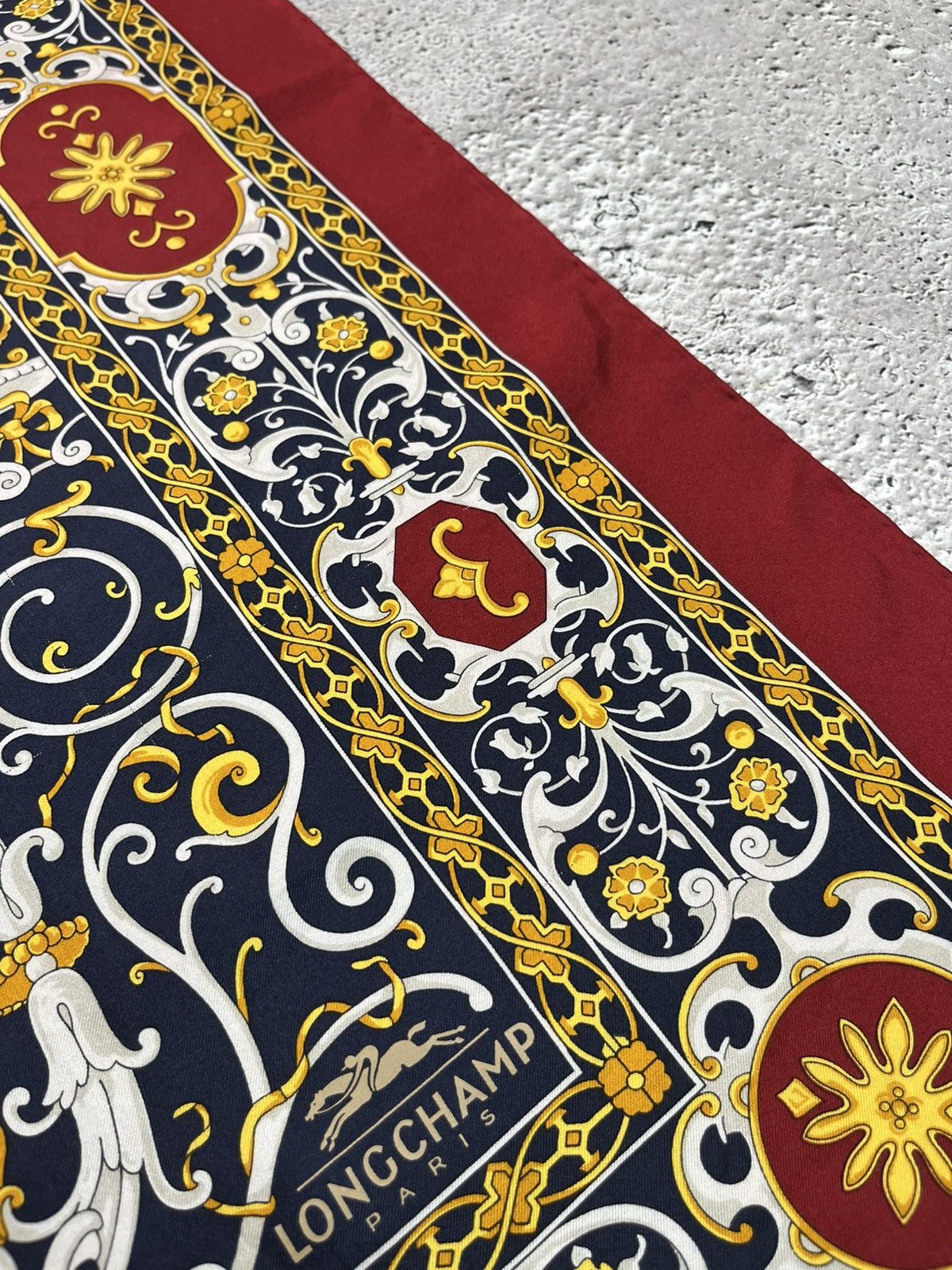Longchamp Longchamp Vintage Scarf 88x83 Baroque Red Gold Navy France Size ONE SIZE - 8 Thumbnail