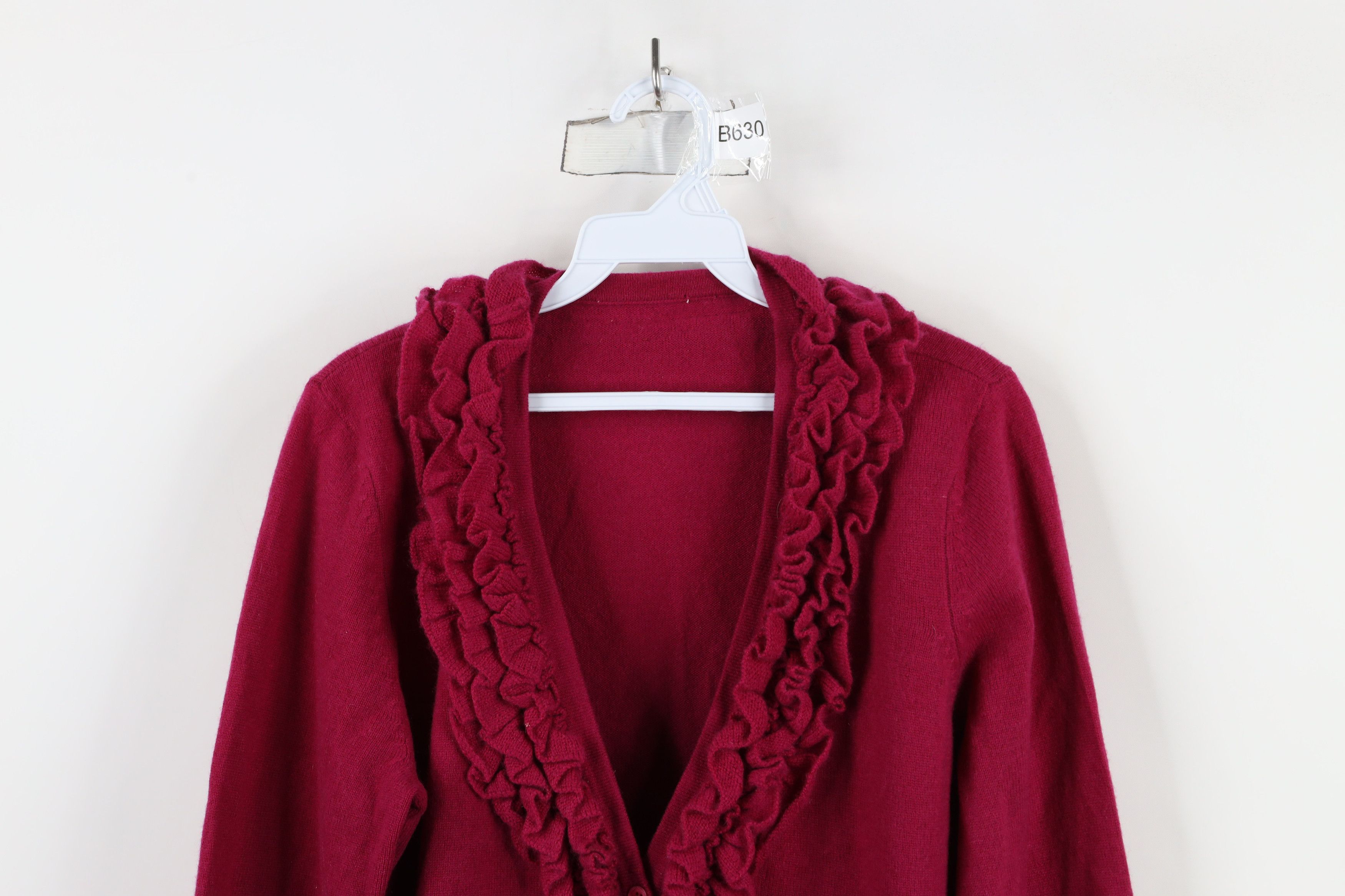 Vintage Vintage 90s Soft Cashmere Knit Ruffled Cardigan Sweater Pink Size XL / US 12-14 / IT 48-50 - 2 Thumbnail