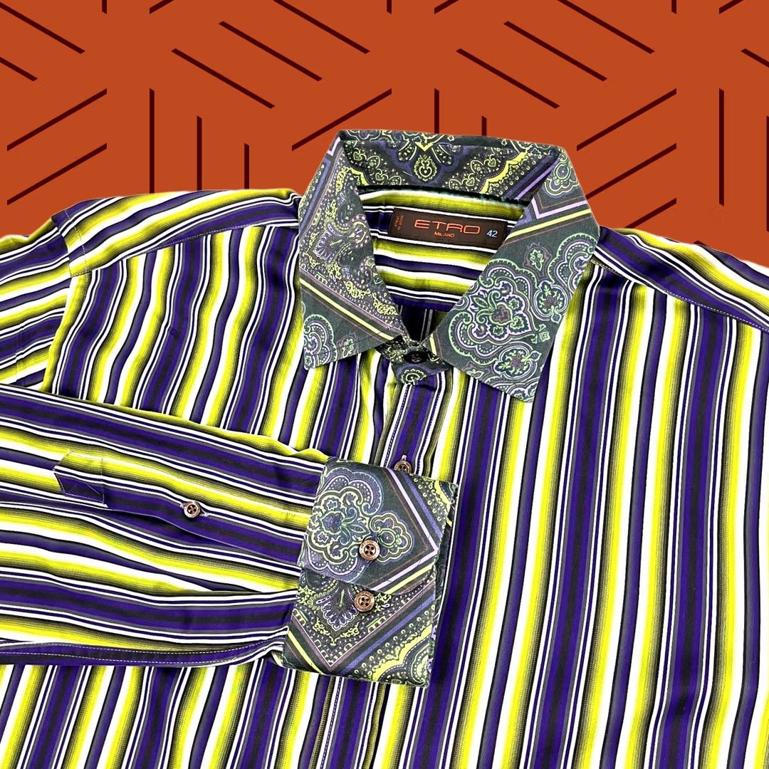 Etro ETRO Milano Shirt Mens Size 42 Multi Striped Contrast Paisley Collar Preppy LS - Pre-Owned Business - Color Multicolor Size US XL / EU 56 / 4 - 1 Thumbnail