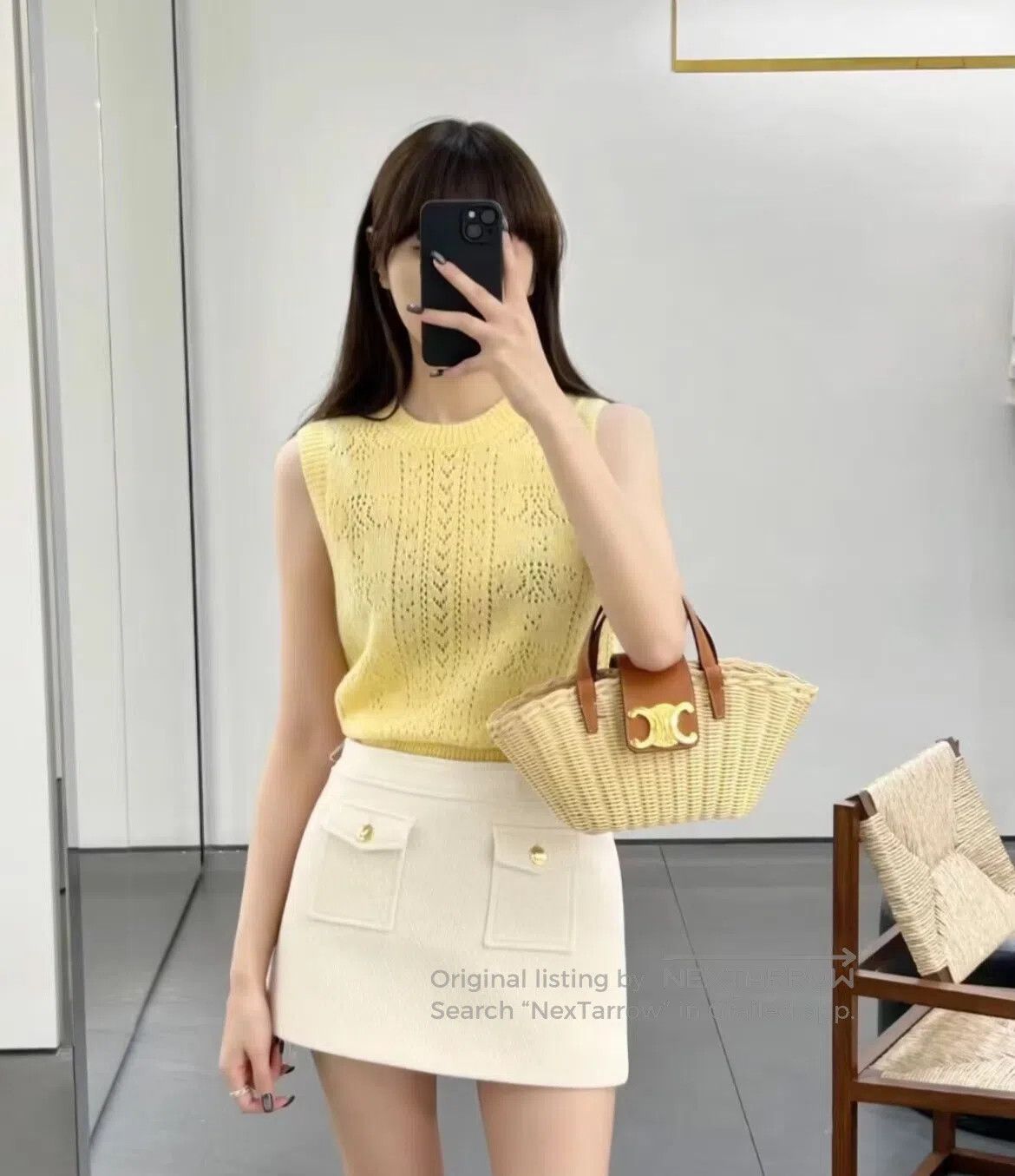 Celine CELINE Hollow jacquard pattern; chick yellow color; knitte Size M / US 6-8 / IT 42-44 - 1 Thumbnail
