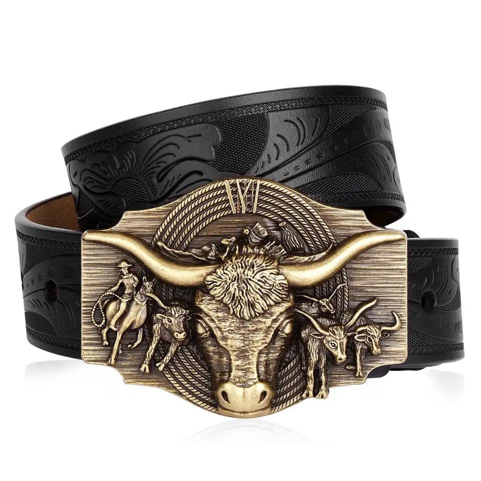 Leather × Vintage Cow Pattern Floral Engraved Buckle Belt Size ONE SIZE - 1 Thumbnail