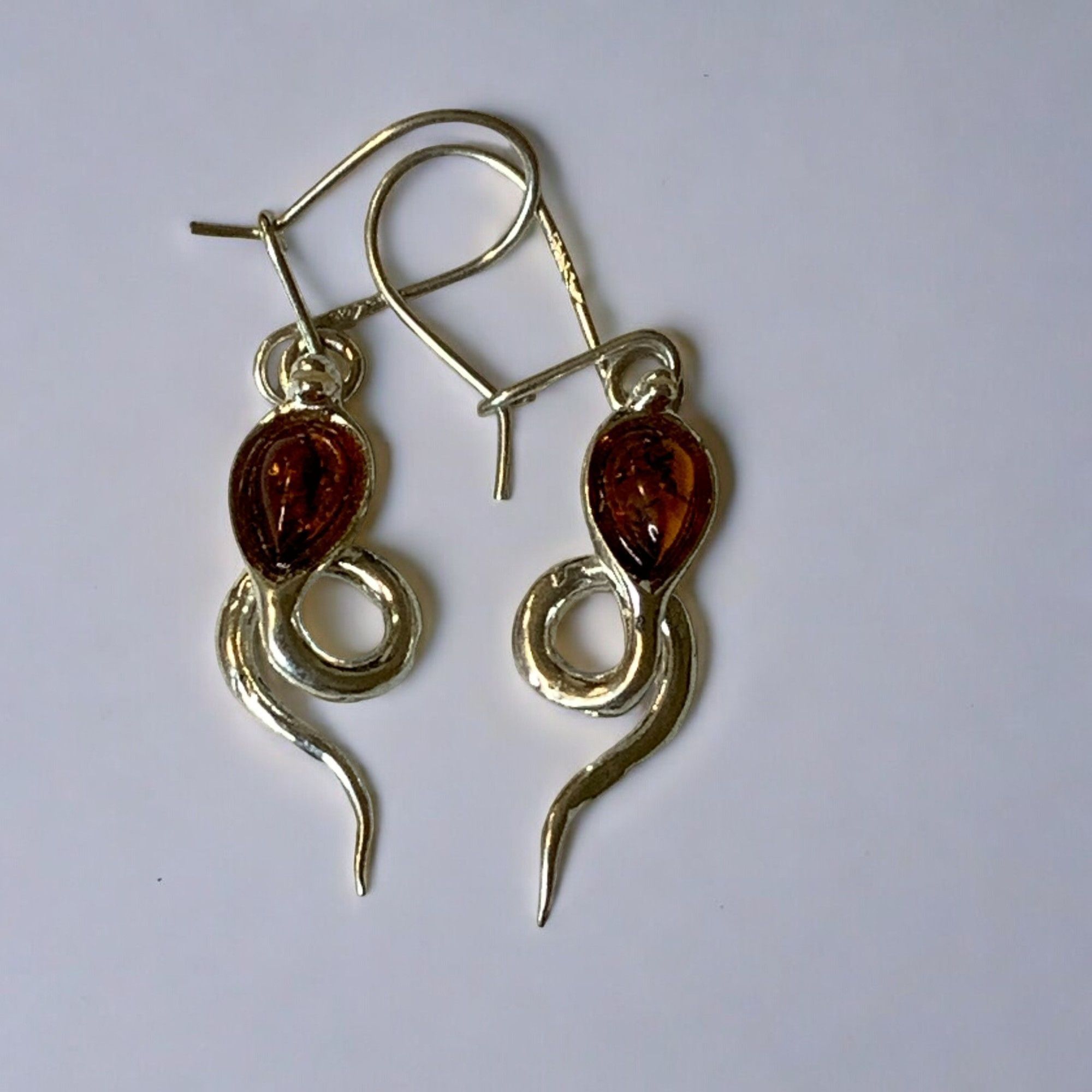 Designer Sterling Silver 925 Snake Drop Dangle Earrings With Amber Size ONE SIZE - 8 Thumbnail