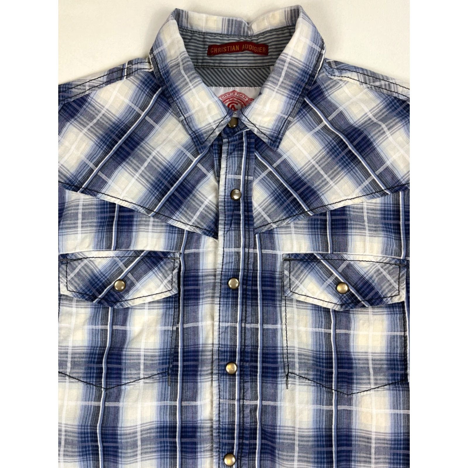 Vintage Christian Audigier Shirt Plaid Long Sleeve Button-Up Pearl Snap Western Mens M Blue Cotton Slub Pocketed Size US M / EU 48-50 / 2 - 2 Thumbnail