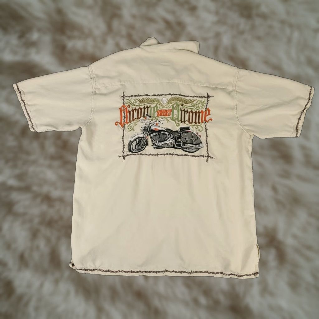 Harley Davidson Harley Davidson Shirt Mens Large Ivory Embroidered Camp Collar Button Up STAINED Size US L / EU 52-54 / 3 - 1 Thumbnail